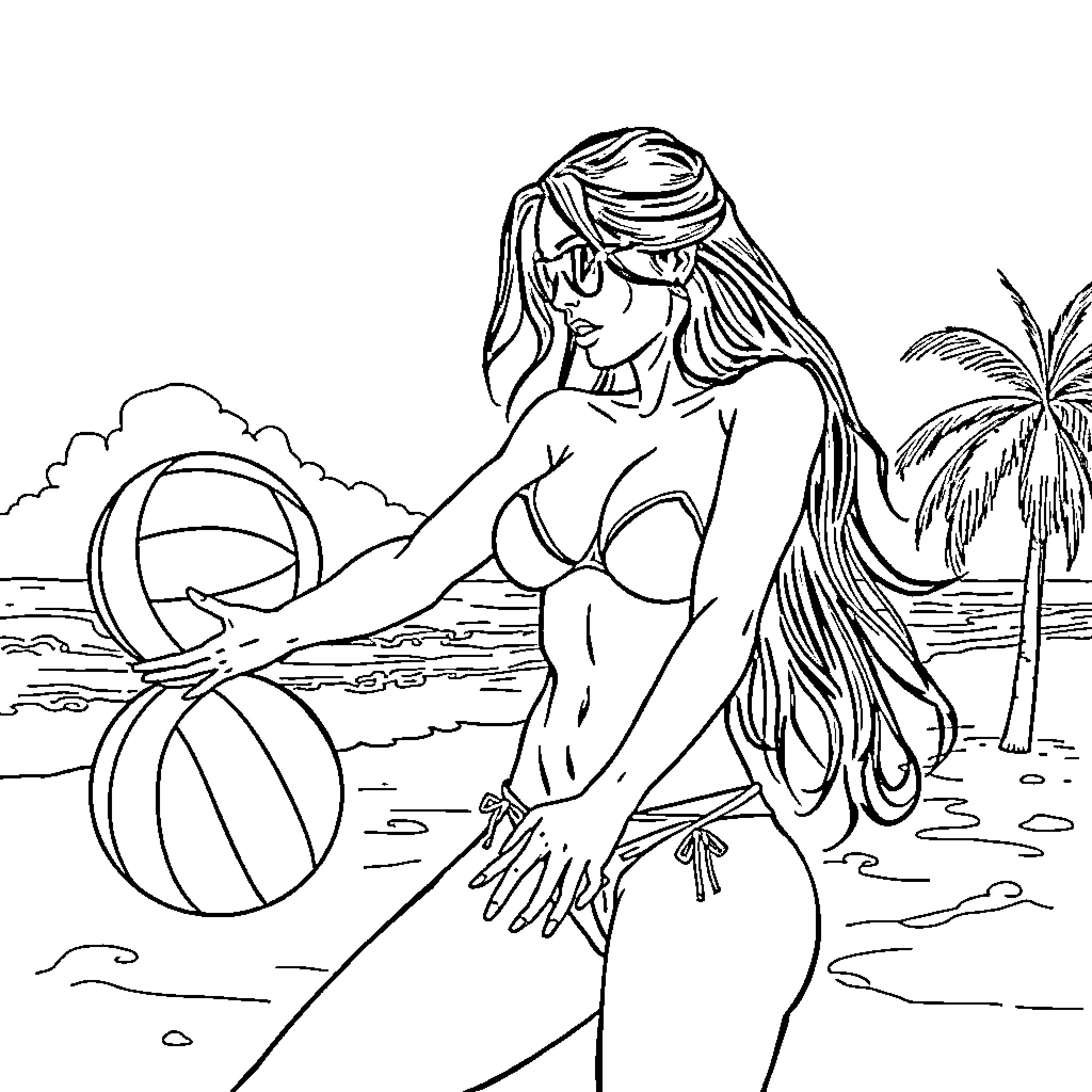 Babe relaxing on the beach with beach ball Coloring Page (free black-and-white line drawing printable PDF for all, from beginners to advanced learners, including children, teens, adults, and seniors)
