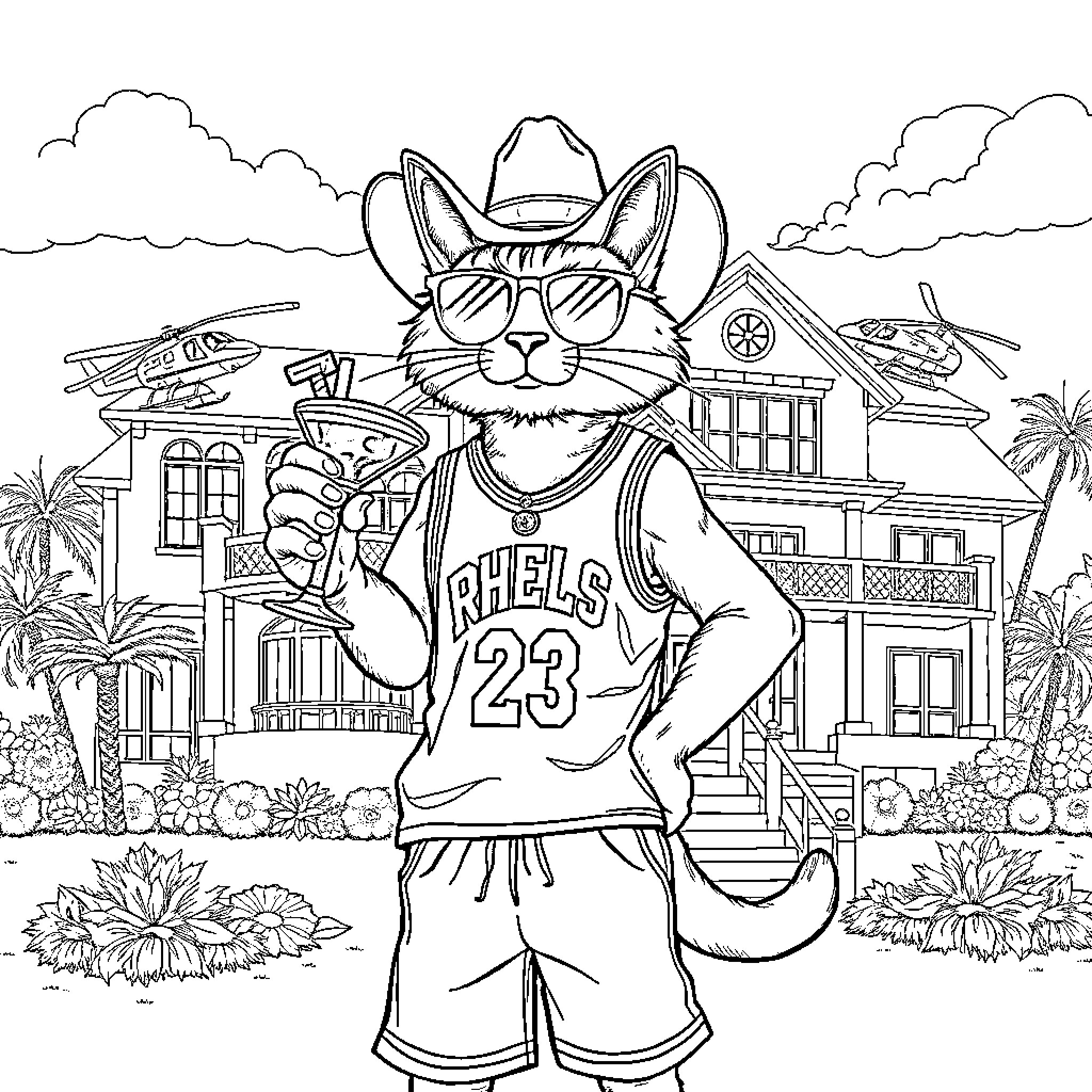 Cat dressed in sporty outfit posing in front of tropical scenery Coloring Page (free black-and-white line drawing printable PDF for all, from beginners to advanced learners, including children, teens, adults, and seniors)
