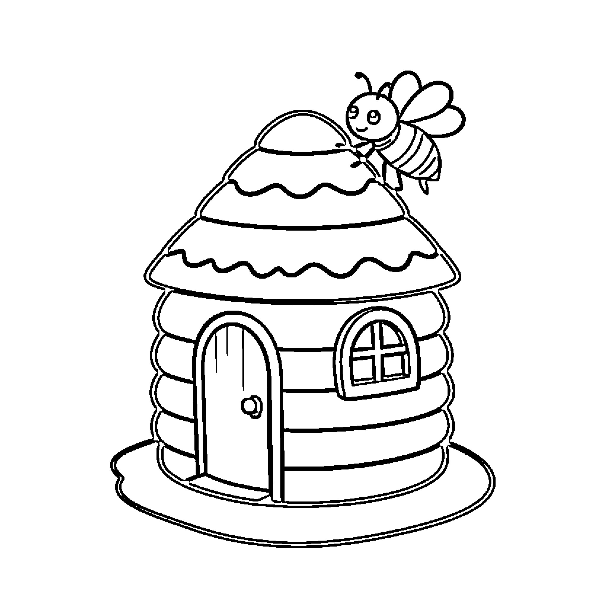 Bee sitting on top of a beehive Coloring Page (free black-and-white line drawing printable PDF for all, from beginners to advanced learners, including children, teens, adults, and seniors)