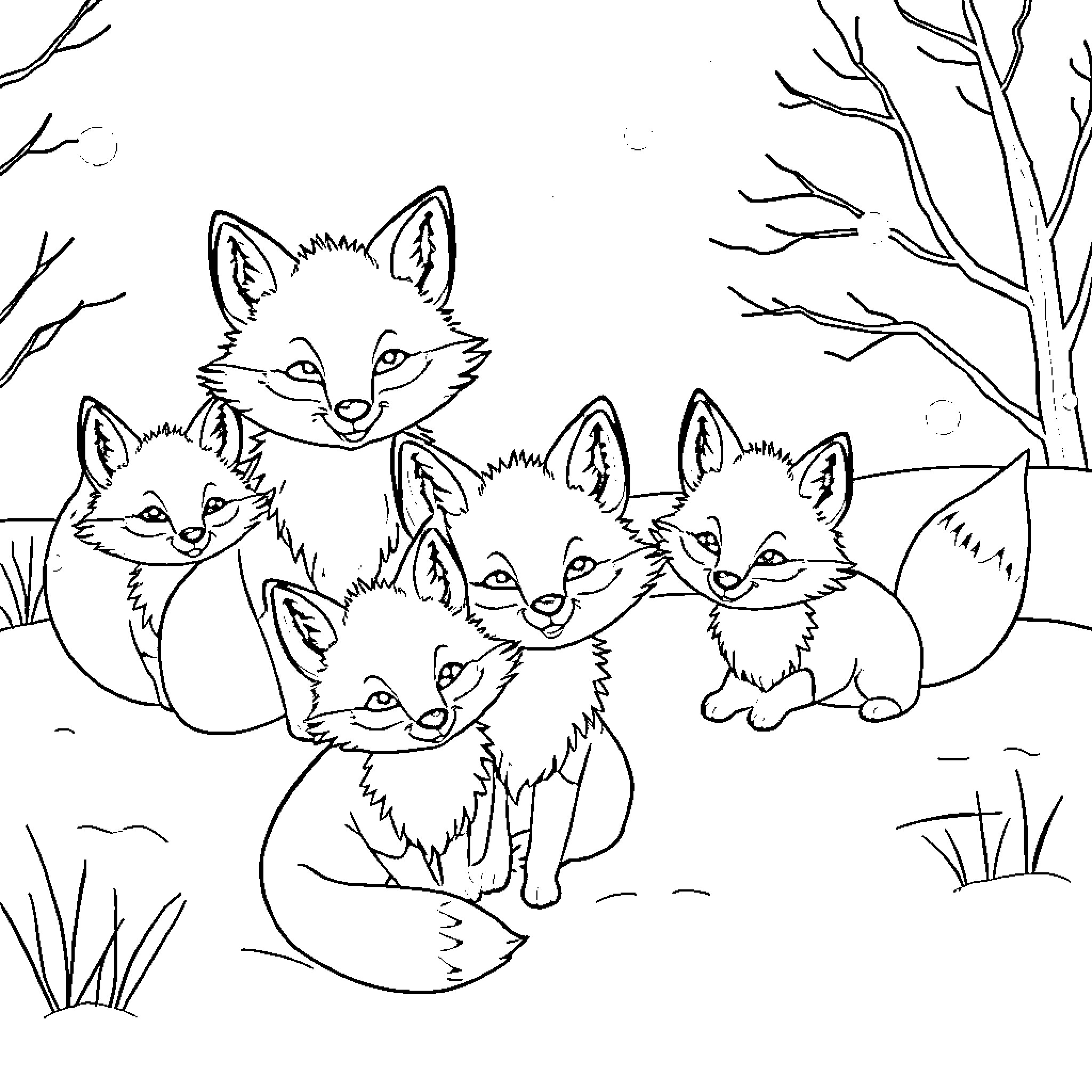 Fox Kits Explore Wintry Scene Coloring Page (free black-and-white line drawing printable PDF for all, from beginners to advanced learners, including children, teens, adults, and seniors)