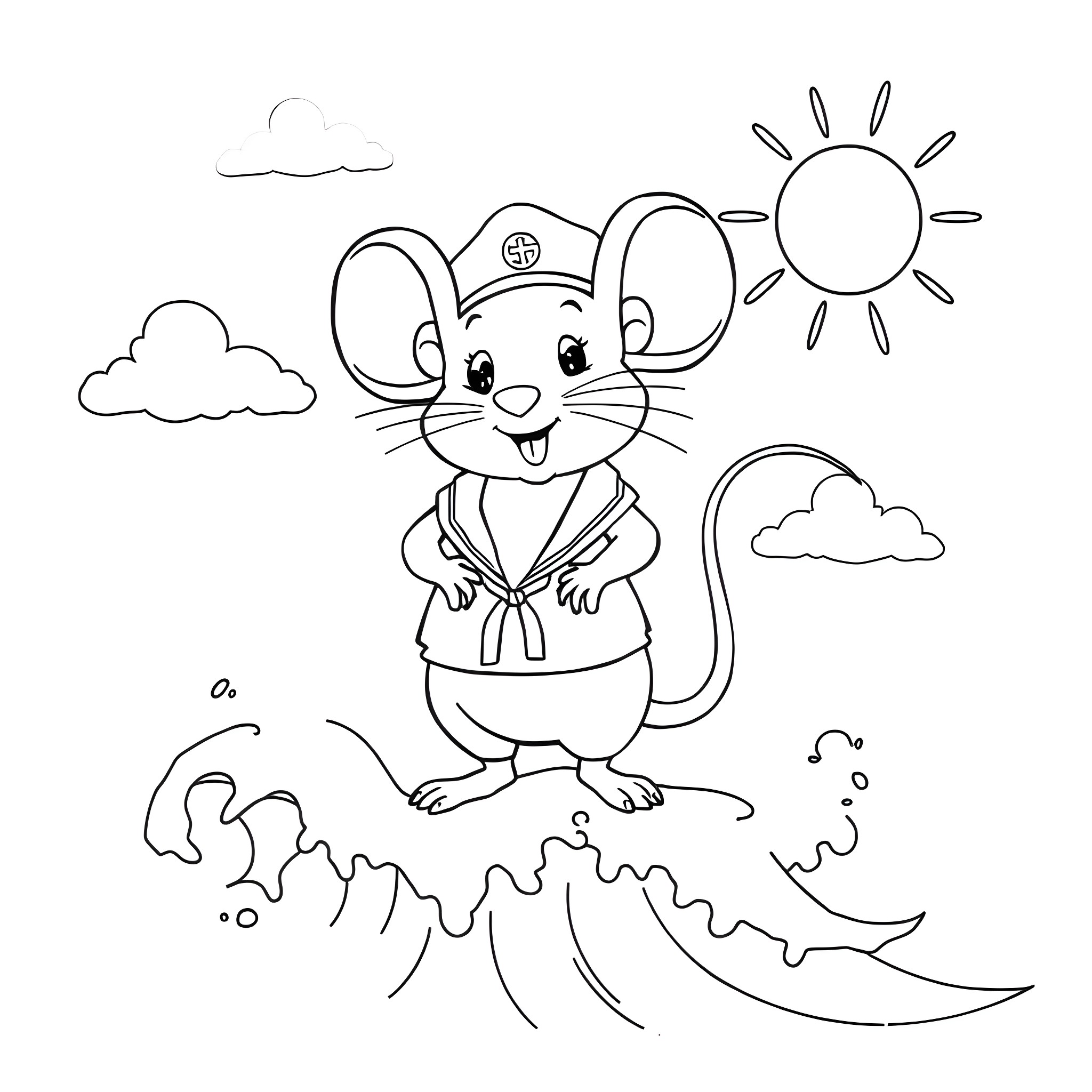Mouse wearing karate outfit training on the beach Coloring Page (free black-and-white line drawing printable PDF for all, from beginners to advanced learners, including children, teens, adults, and seniors)