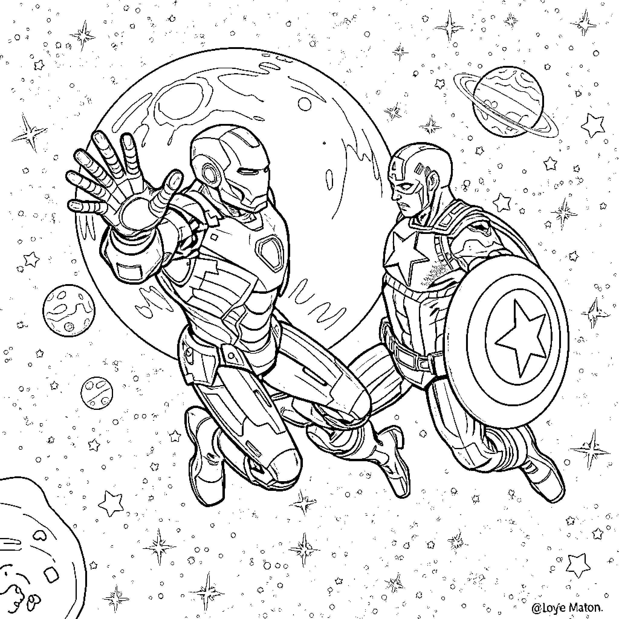 Ironman and Captain America in space adventure Coloring Page (free black-and-white line drawing printable PDF for all, from beginners to advanced learners, including children, teens, adults, and seniors)