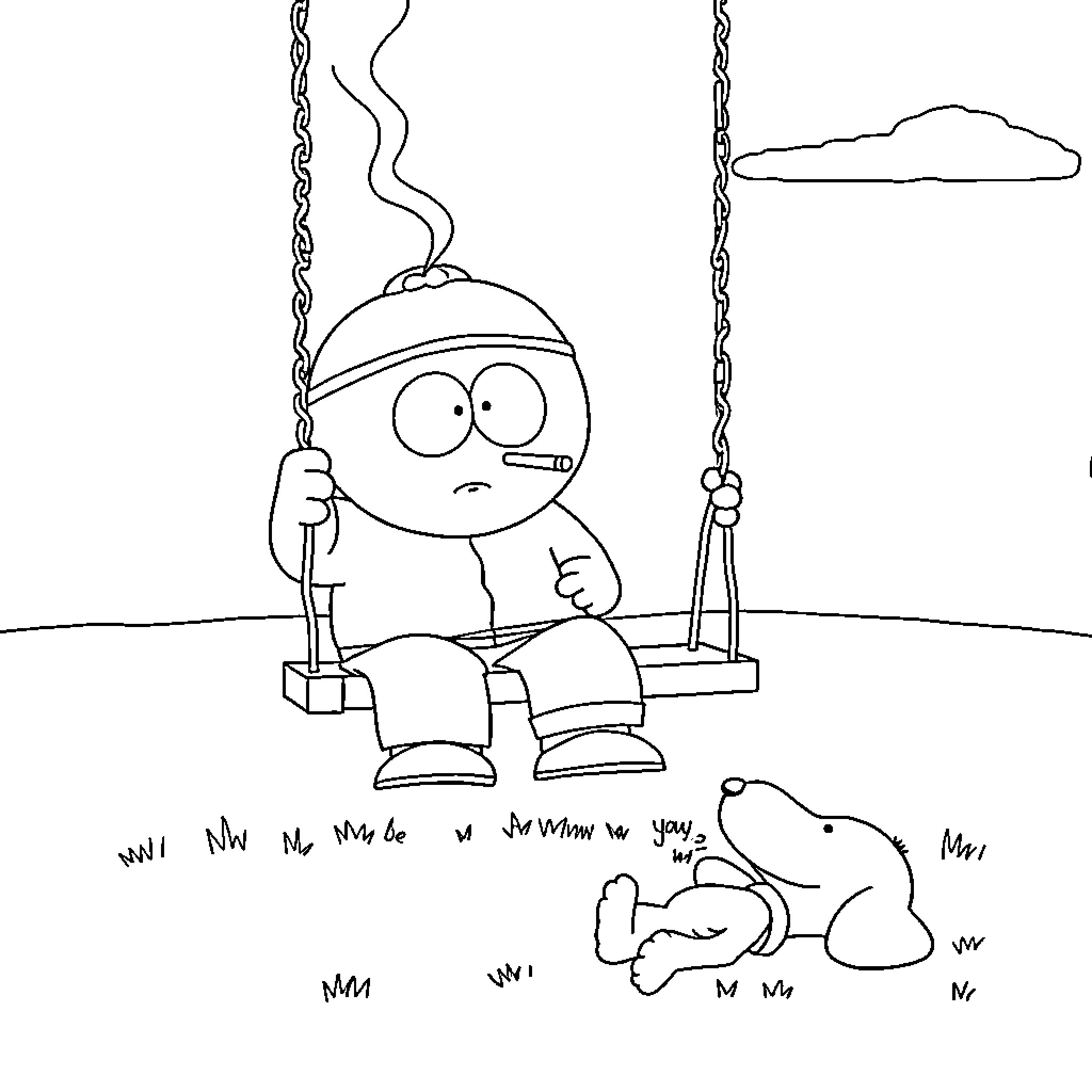 Cartman sitting alone on a swing, looking melancholy Coloring Page (free black-and-white line drawing printable PDF for all, from beginners to advanced learners, including children, teens, adults, and seniors)