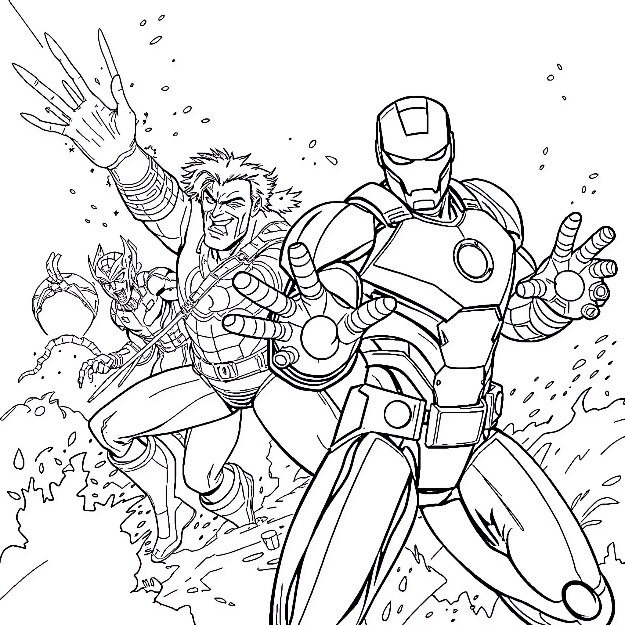 X-Men Heroes Unleash Powerful Abilities in Epic Battle Coloring Page (free black-and-white line drawing printable PDF for all, from beginners to advanced learners, including children, teens, adults, and seniors)