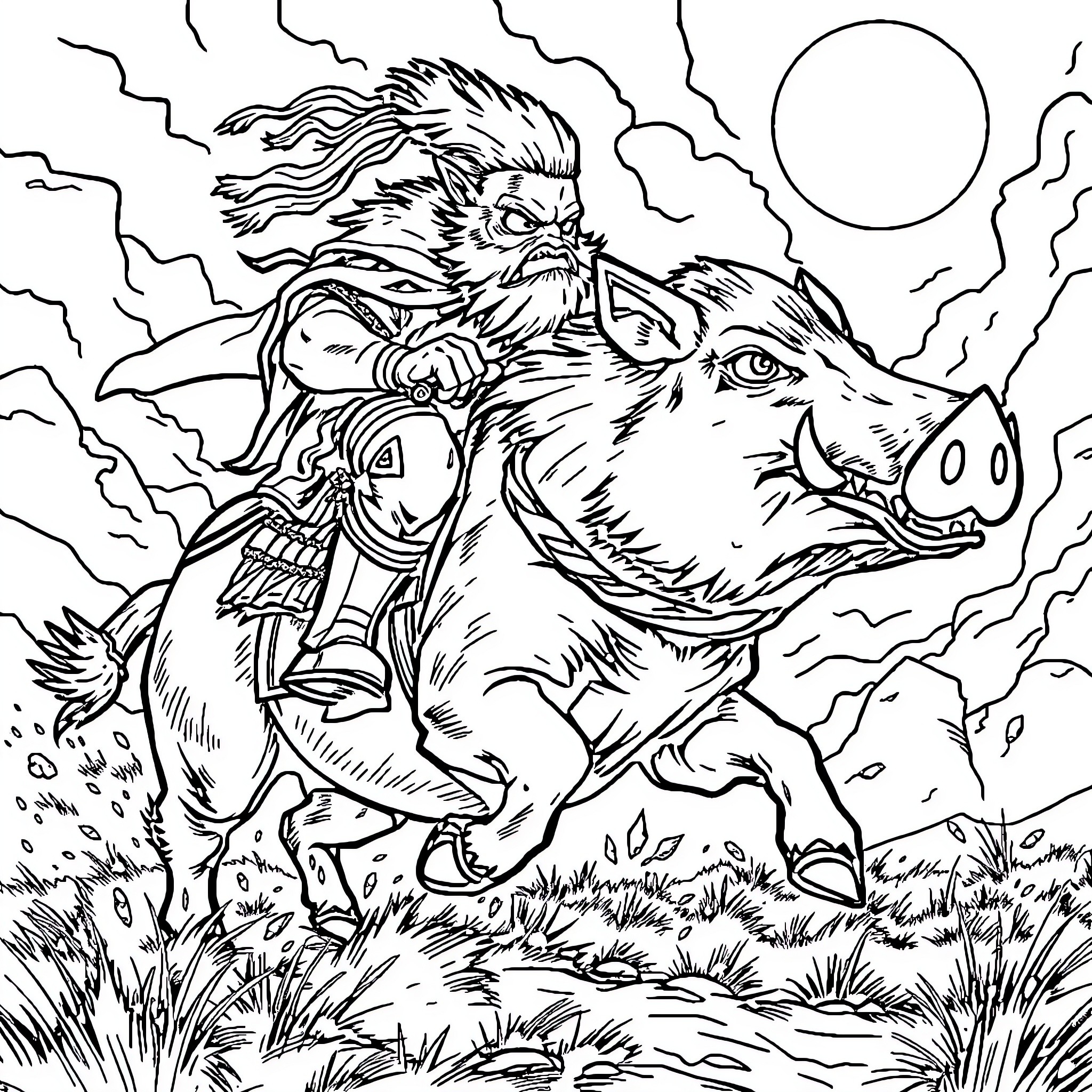 Hog Rider charging fearlessly into battle Coloring Page (free black-and-white line drawing printable PDF for all, from beginners to advanced learners, including children, teens, adults, and seniors)
