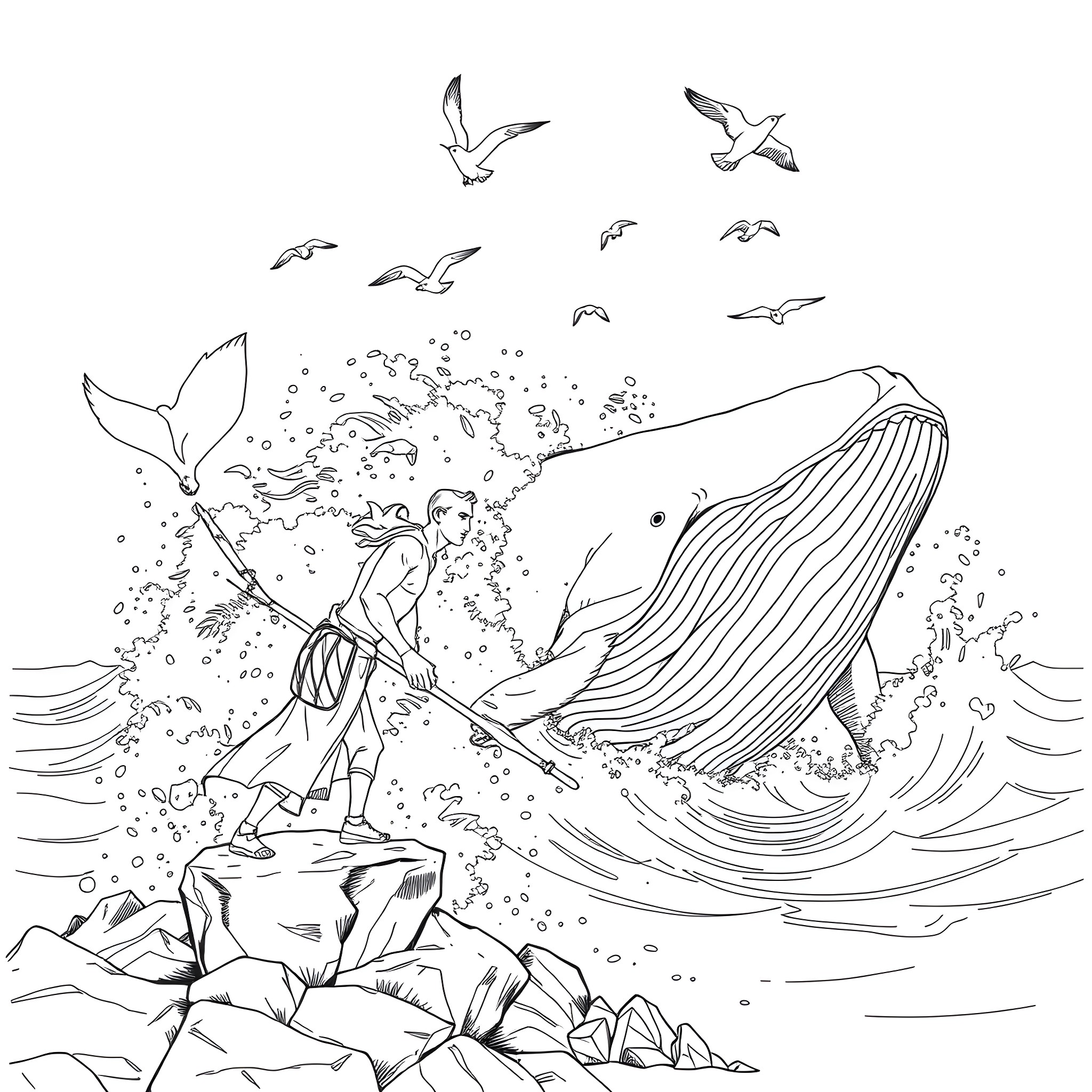 Man exploring the ocean with a whale and seagulls Coloring Page (free black-and-white line drawing printable PDF for all, from beginners to advanced learners, including children, teens, adults, and seniors)