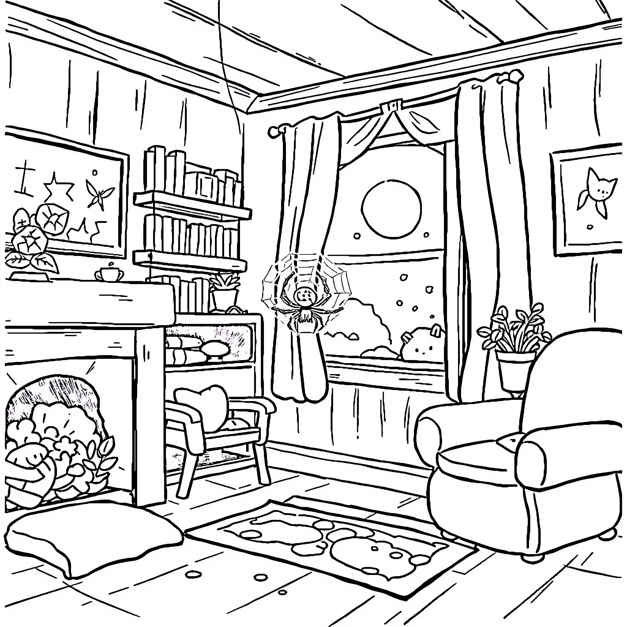 Spider-themed cozy home interior Coloring Page (free black-and-white line drawing printable PDF for all, from beginners to advanced learners, including children, teens, adults, and seniors)