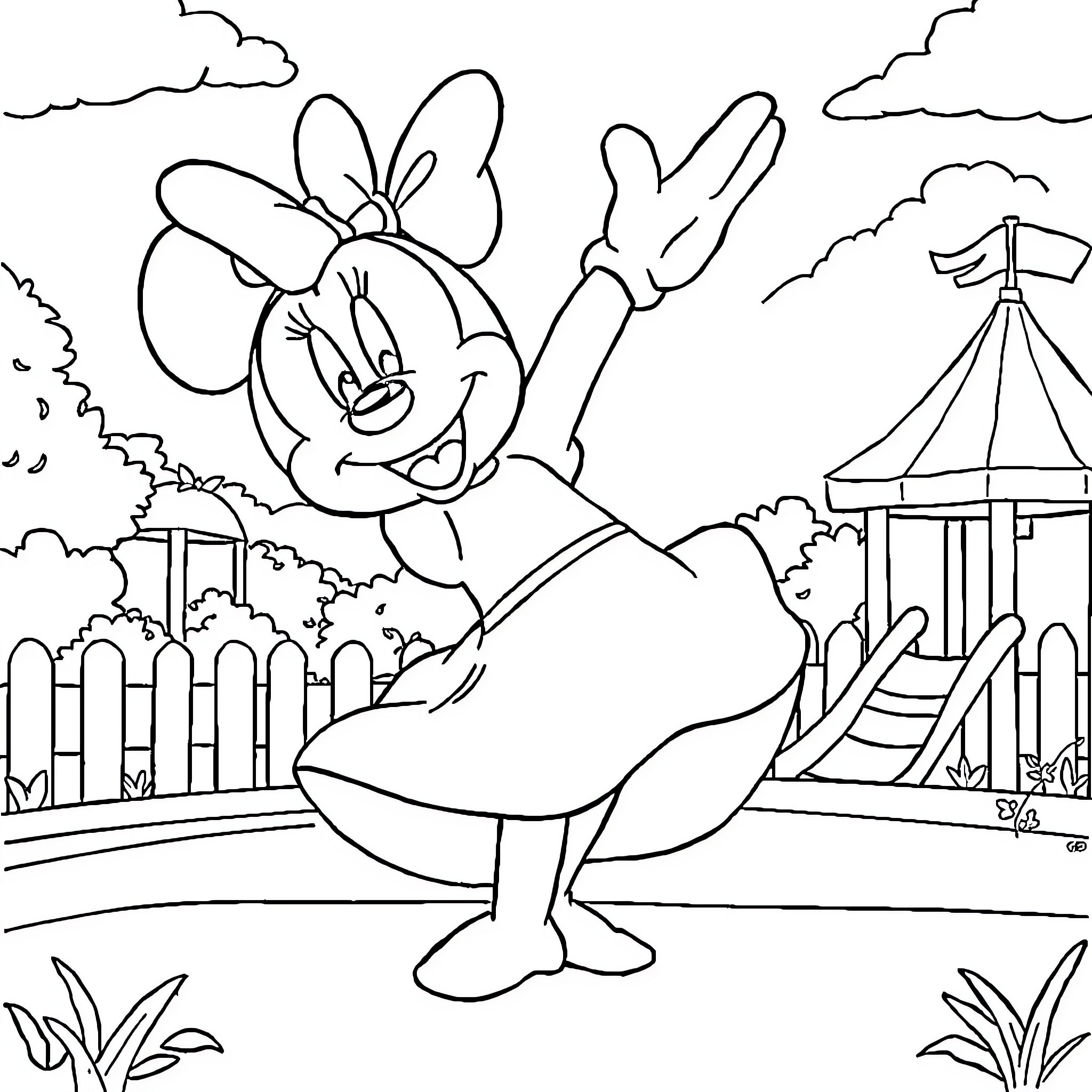 Minnie Mouse cheerfully dancing in a playful setting Coloring Page (free black-and-white line drawing printable PDF for all, from beginners to advanced learners, including children, teens, adults, and seniors)