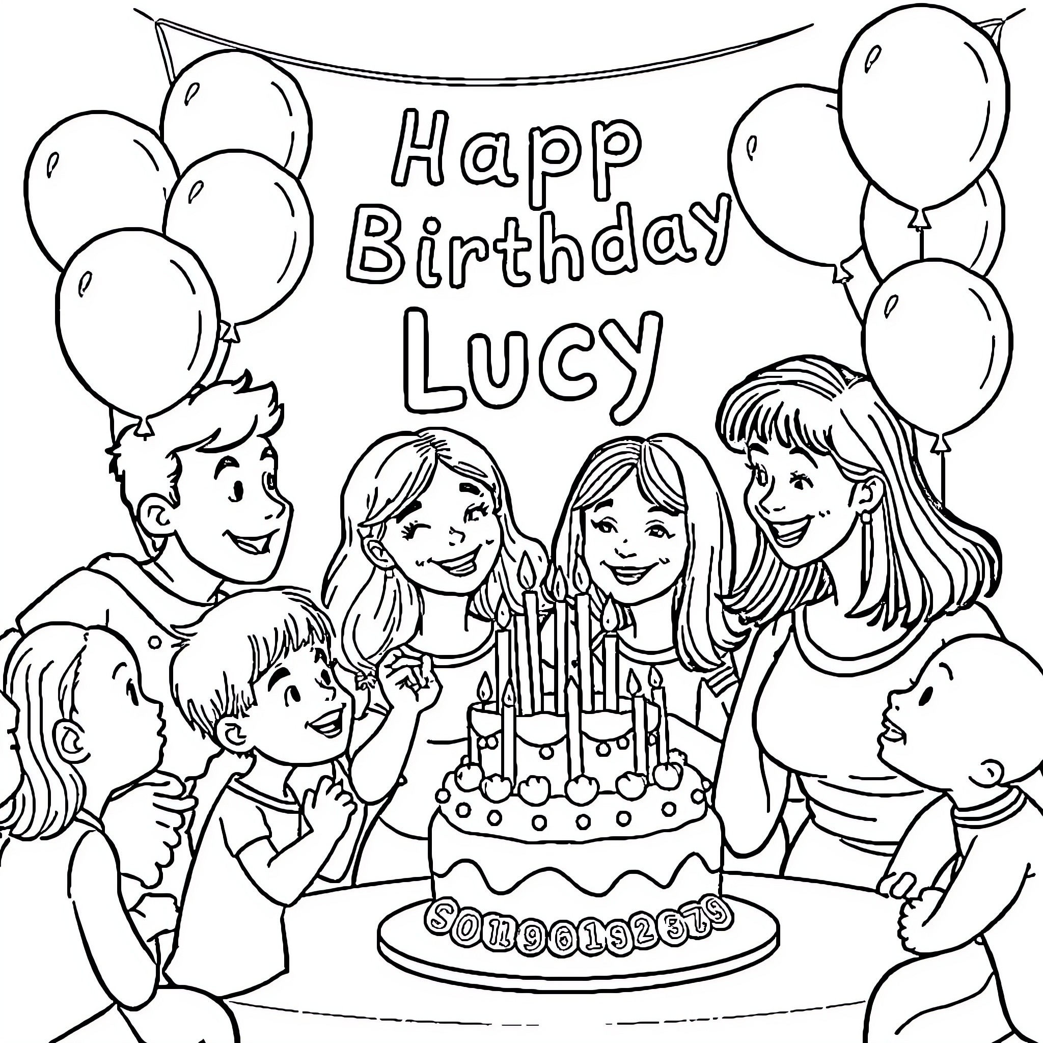 Birthday celebration with family and friends Coloring Page (free black-and-white line drawing printable PDF for all, from beginners to advanced learners, including children, teens, adults, and seniors)