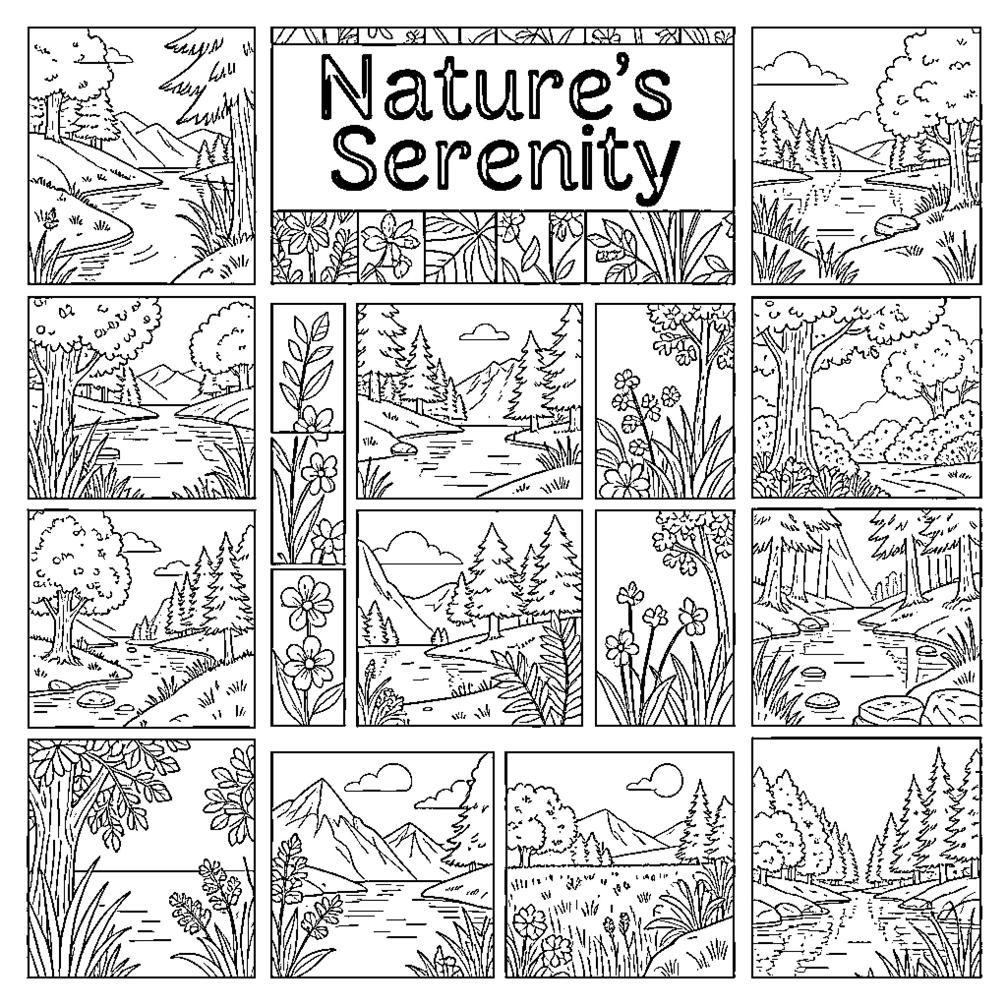 Nature displaying peaceful landscapes and flowing river scenes Coloring Page (free black-and-white line drawing printable PDF for all, from beginners to advanced learners, including children, teens, adults, and seniors)