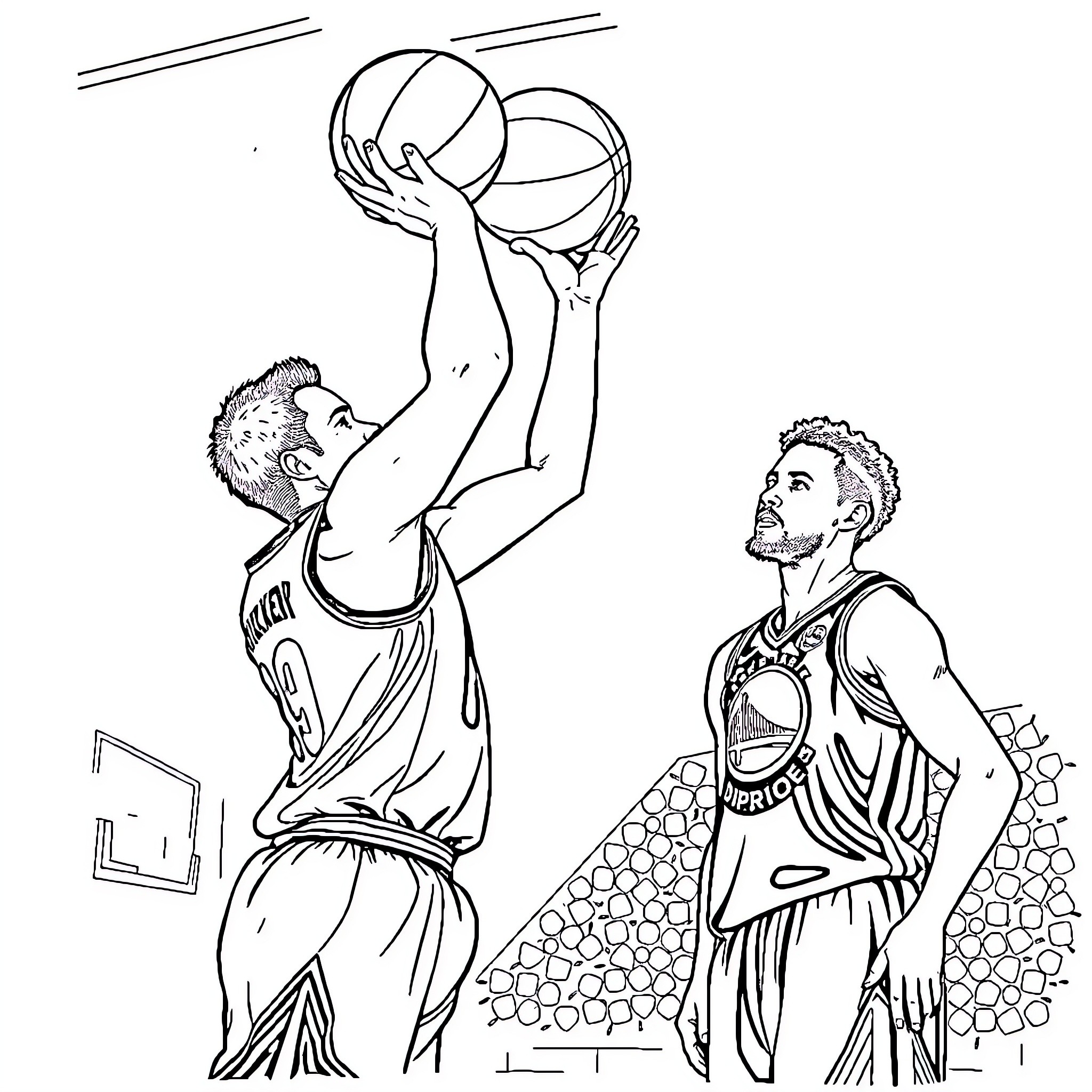 Paige Bueckers competing in basketball game Coloring Page (free black-and-white line drawing printable PDF for all, from beginners to advanced learners, including children, teens, adults, and seniors)