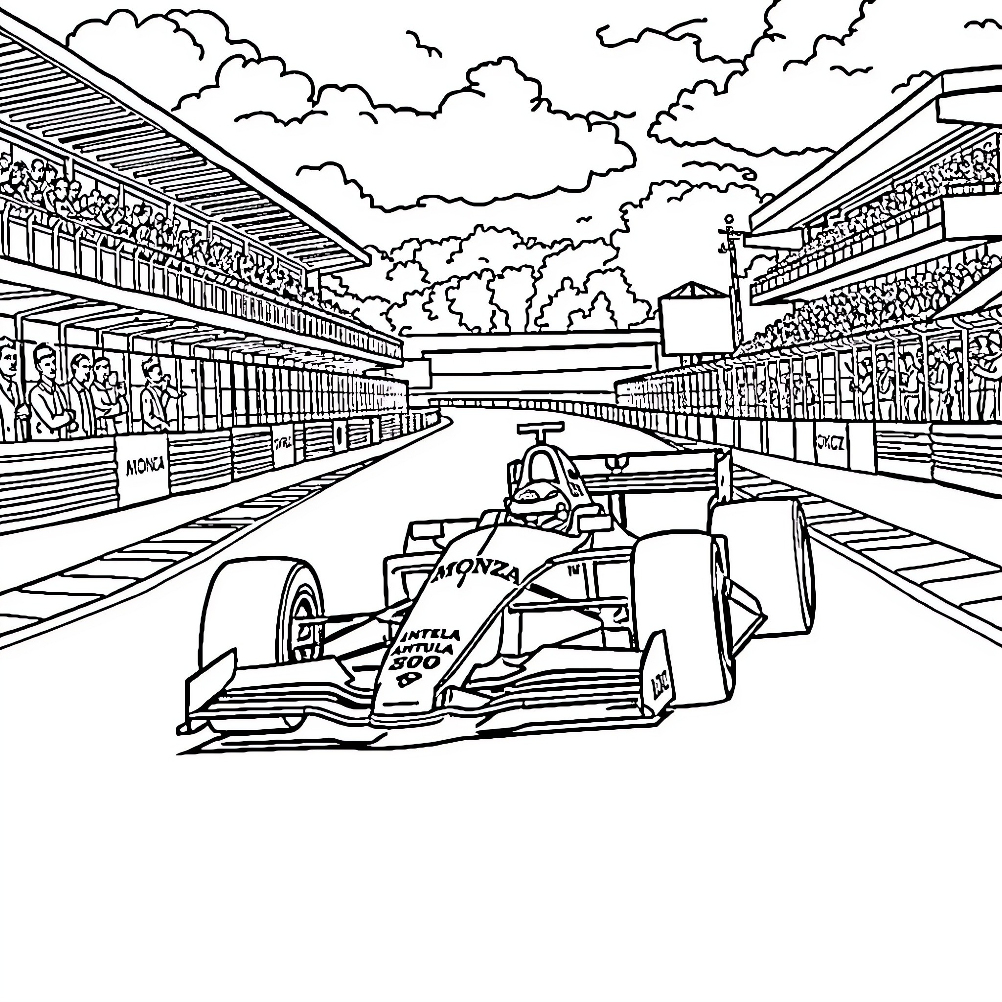 Formula 1 Race Car Speeding on Track Coloring Page (free black-and-white line drawing printable PDF for all, from beginners to advanced learners, including children, teens, adults, and seniors)