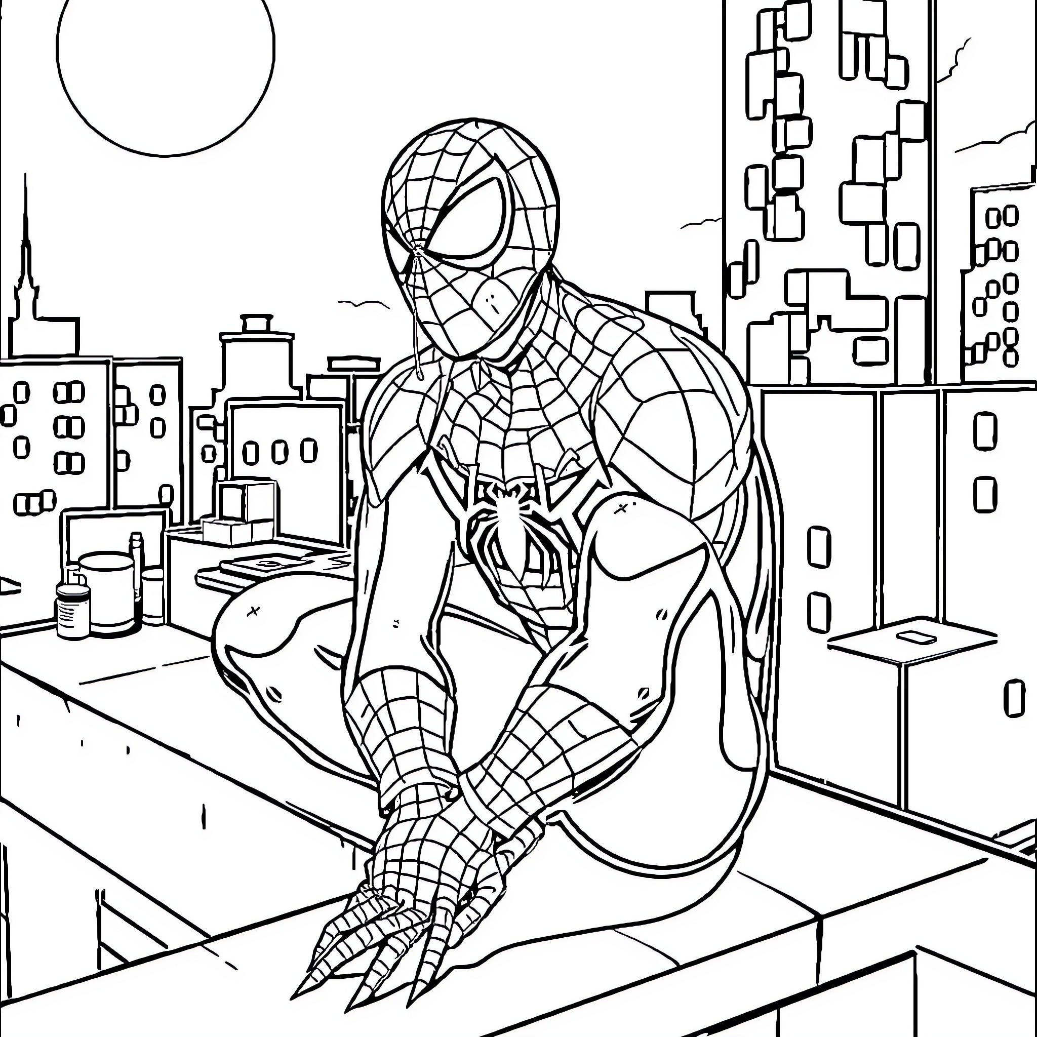 Spiderman Swinging Through the City Skyline Coloring Page (free black-and-white line drawing printable PDF for all, from beginners to advanced learners, including children, teens, adults, and seniors)