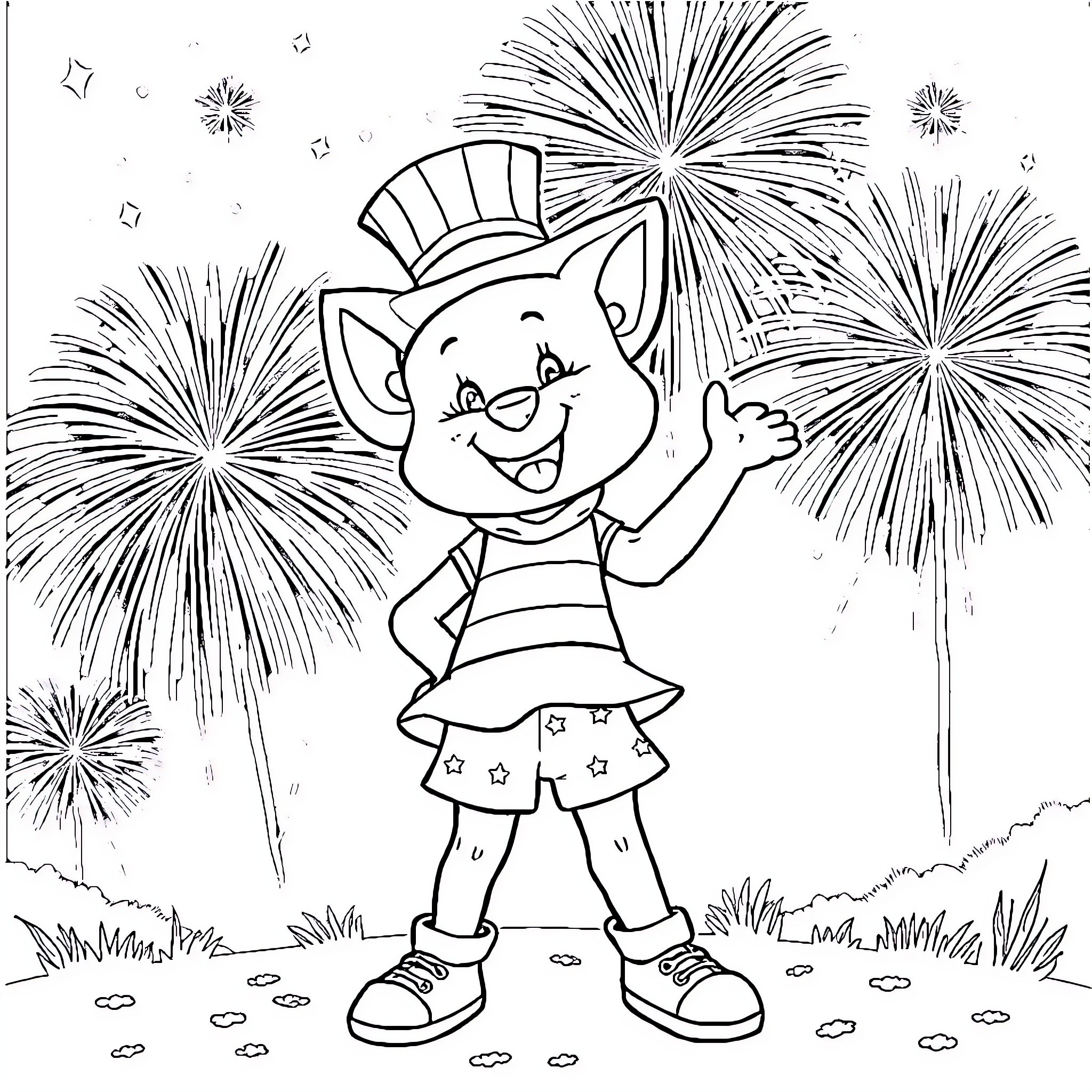 Bluey celebrating with fireworks in the park Coloring Page (free black-and-white line drawing printable PDF for all, from beginners to advanced learners, including children, teens, adults, and seniors)