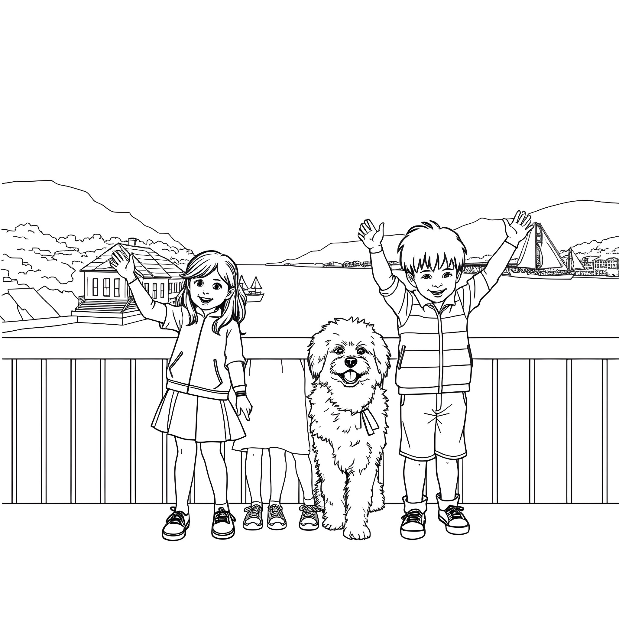 Child and friends playing at the waterfront Coloring Page (free black-and-white line drawing printable PDF for all, from beginners to advanced learners, including children, teens, adults, and seniors)