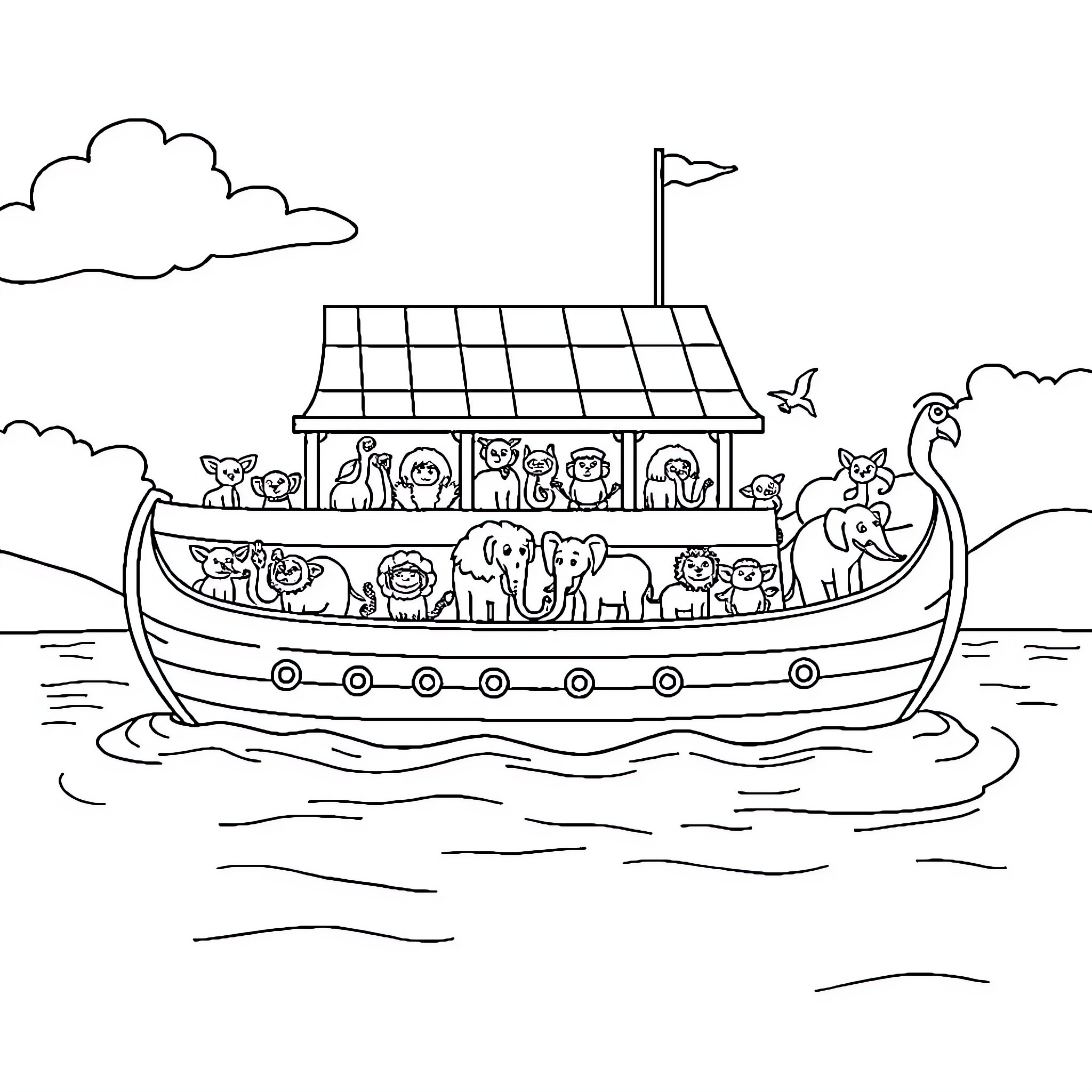 Noah's Ark Carrying Diverse Animals on the Seas Coloring Page (free black-and-white line drawing printable PDF for all, from beginners to advanced learners, including children, teens, adults, and seniors)