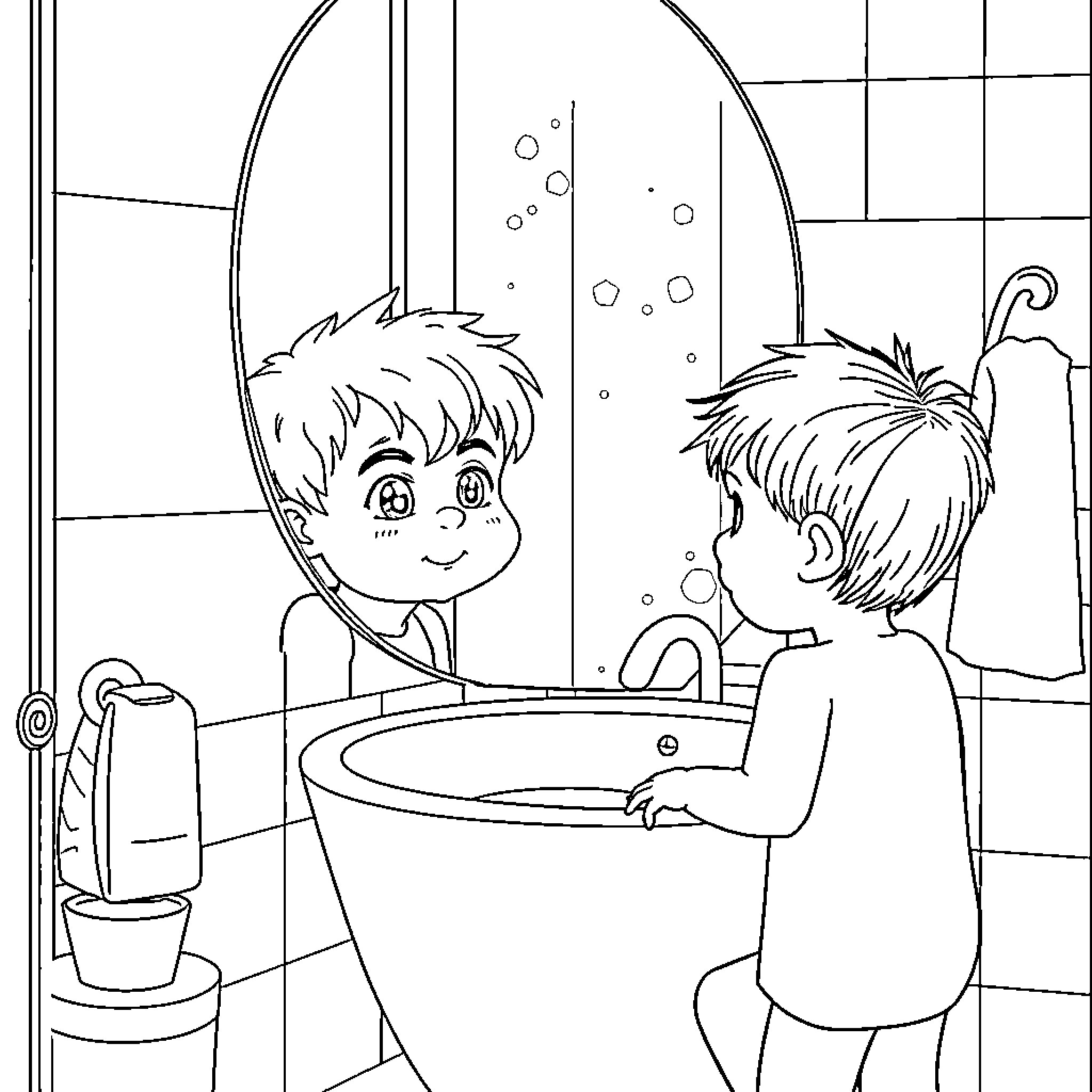 Niño Enjoying Bathtime with Friends Coloring Page (free black-and-white line drawing printable PDF for all, from beginners to advanced learners, including children, teens, adults, and seniors)