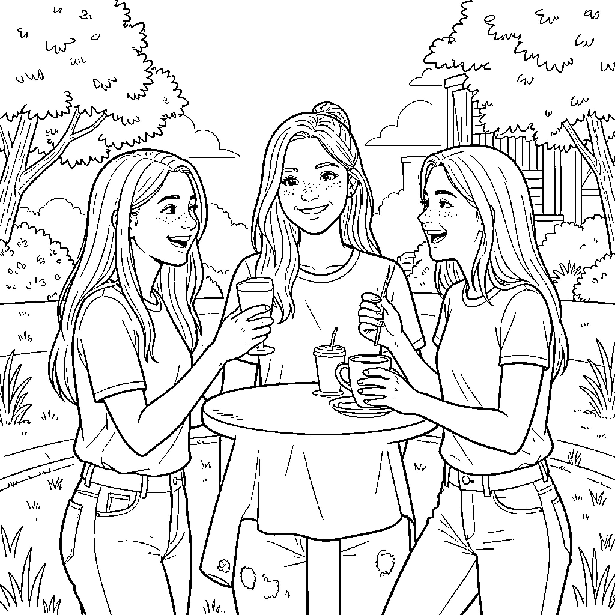 Girls Chatting and Enjoying Drinks Outdoors Coloring Page (free black-and-white line drawing printable PDF for all, from beginners to advanced learners, including children, teens, adults, and seniors)