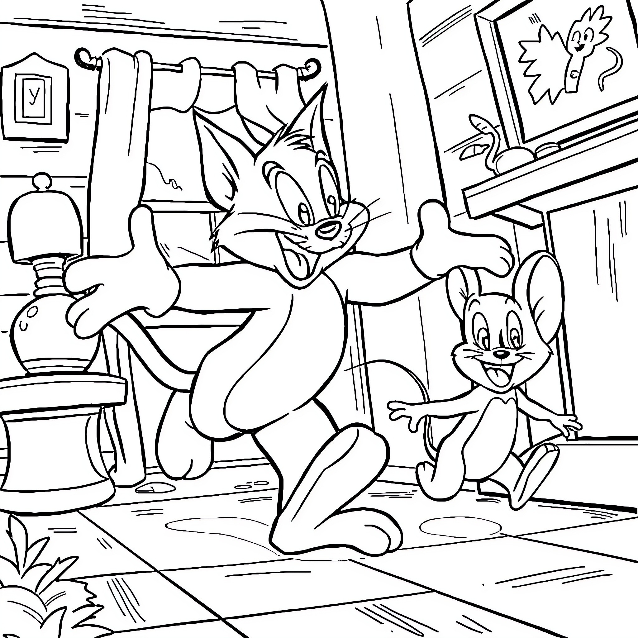 Tom and Jerry in a Mischievous Household Scene Coloring Page (free black-and-white line drawing printable PDF for all, from beginners to advanced learners, including children, teens, adults, and seniors)