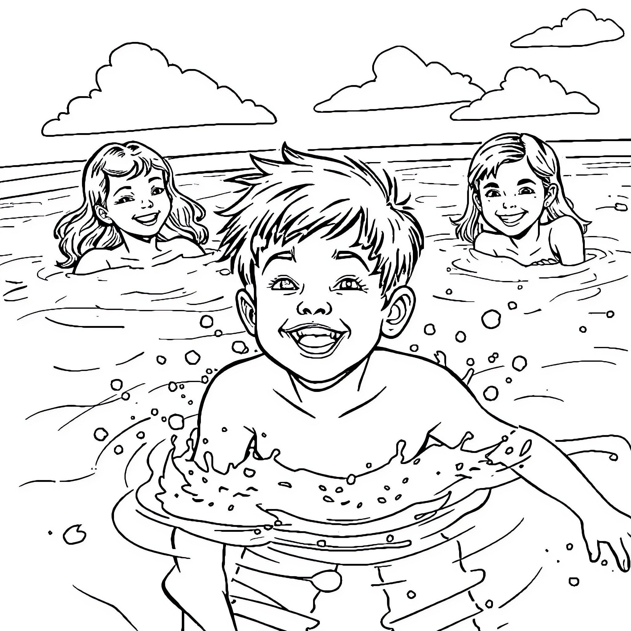 Boy having fun swimming with friends at the beach Coloring Page (free black-and-white line drawing printable PDF for all, from beginners to advanced learners, including children, teens, adults, and seniors)