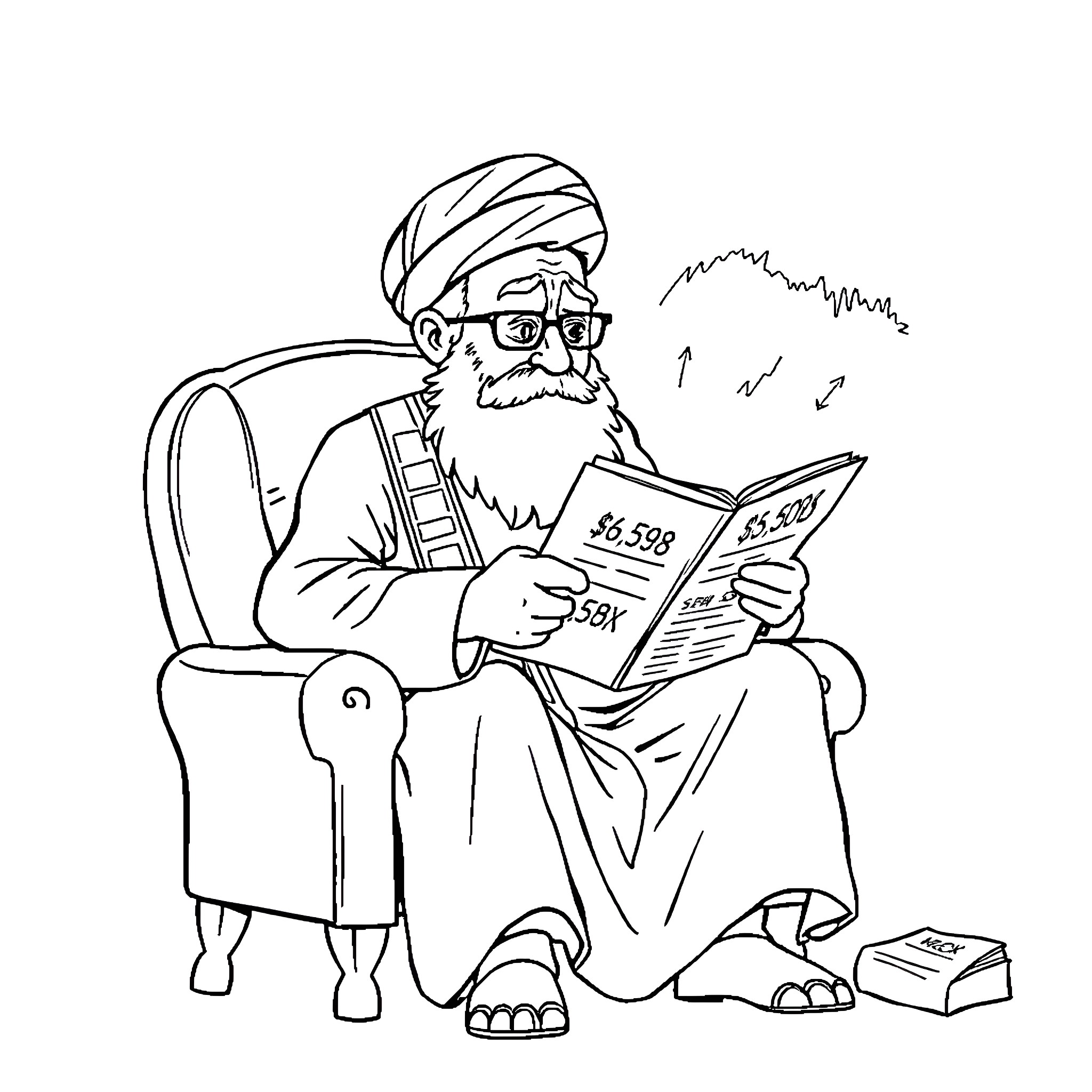 Ayatollah reading intently from religious text Coloring Page (free black-and-white line drawing printable PDF for all, from beginners to advanced learners, including children, teens, adults, and seniors)