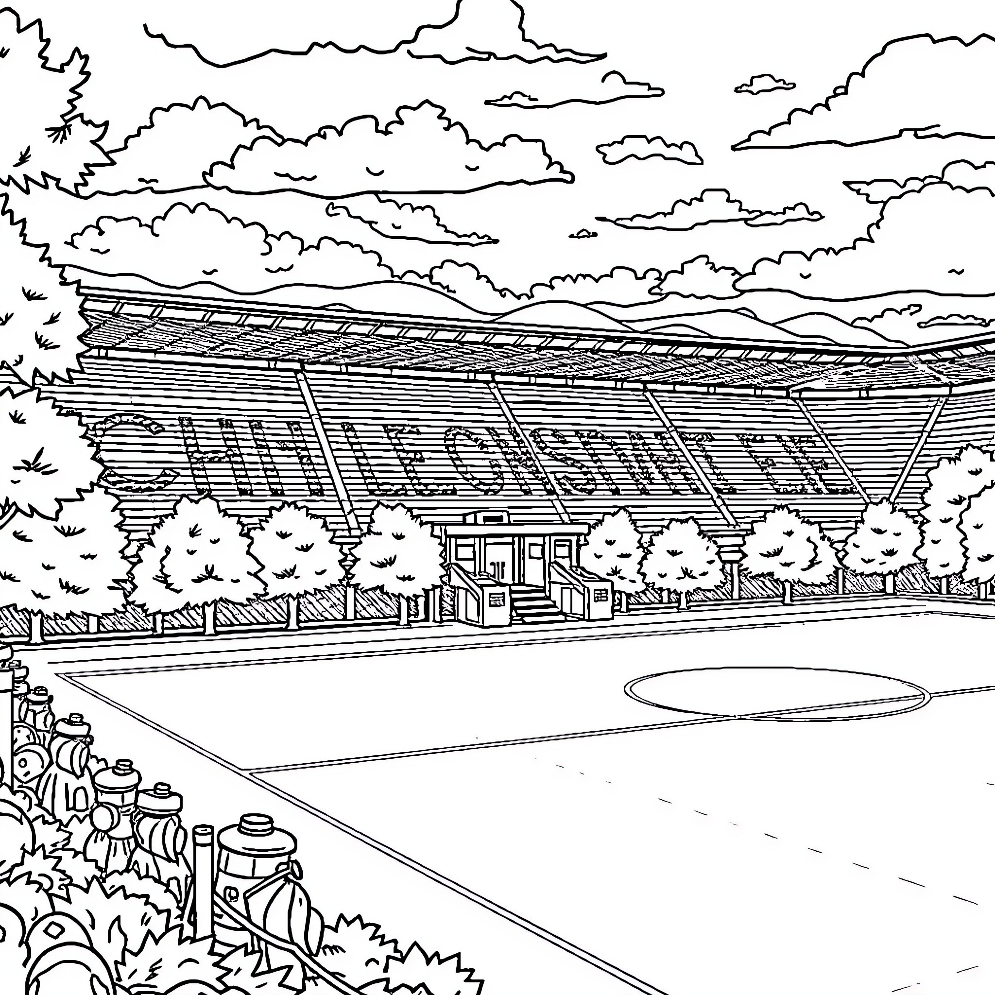 University of Chile Stadium with Cloudy Skies Coloring Page (free black-and-white line drawing printable PDF for all, from beginners to advanced learners, including children, teens, adults, and seniors)