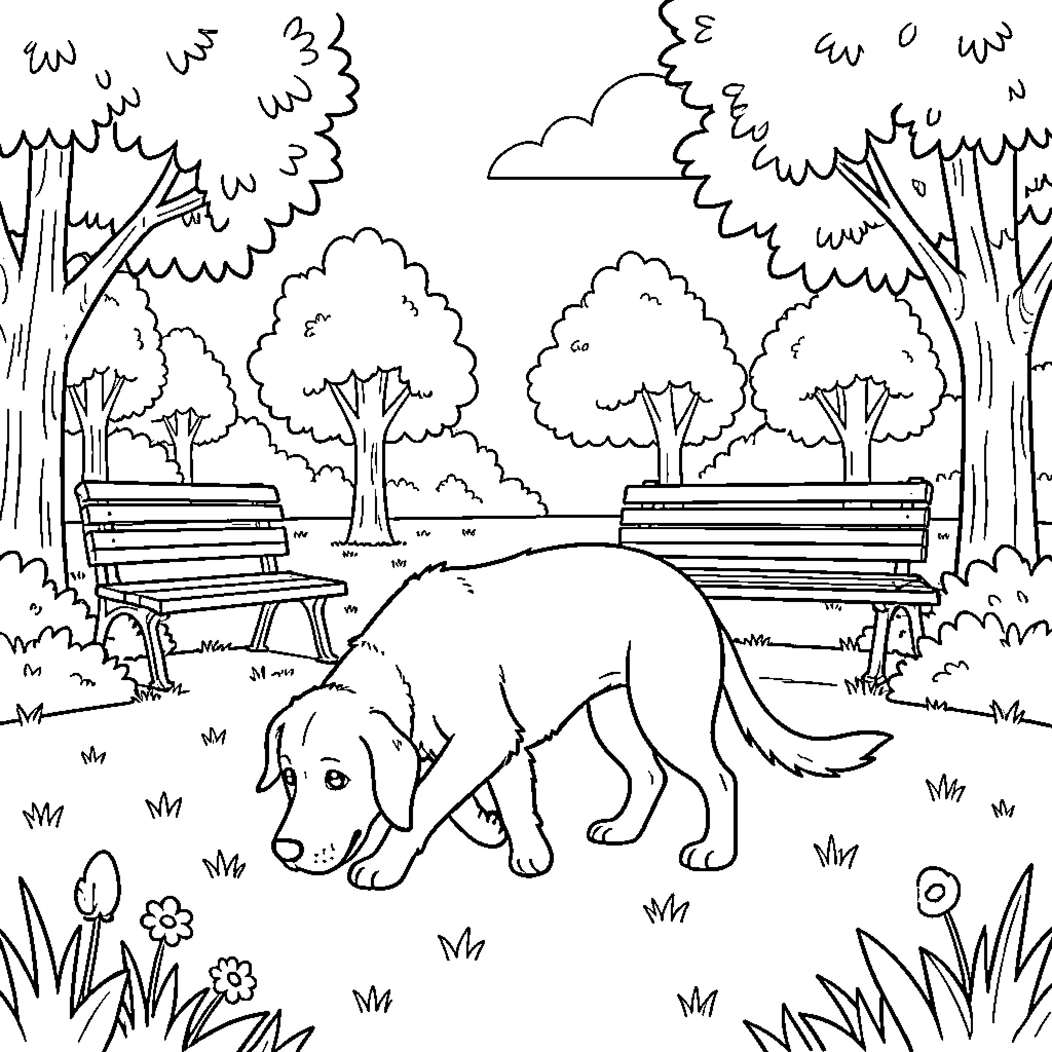 Dog exploring the park Coloring Page (free black-and-white line drawing printable PDF for all, from beginners to advanced learners, including children, teens, adults, and seniors)