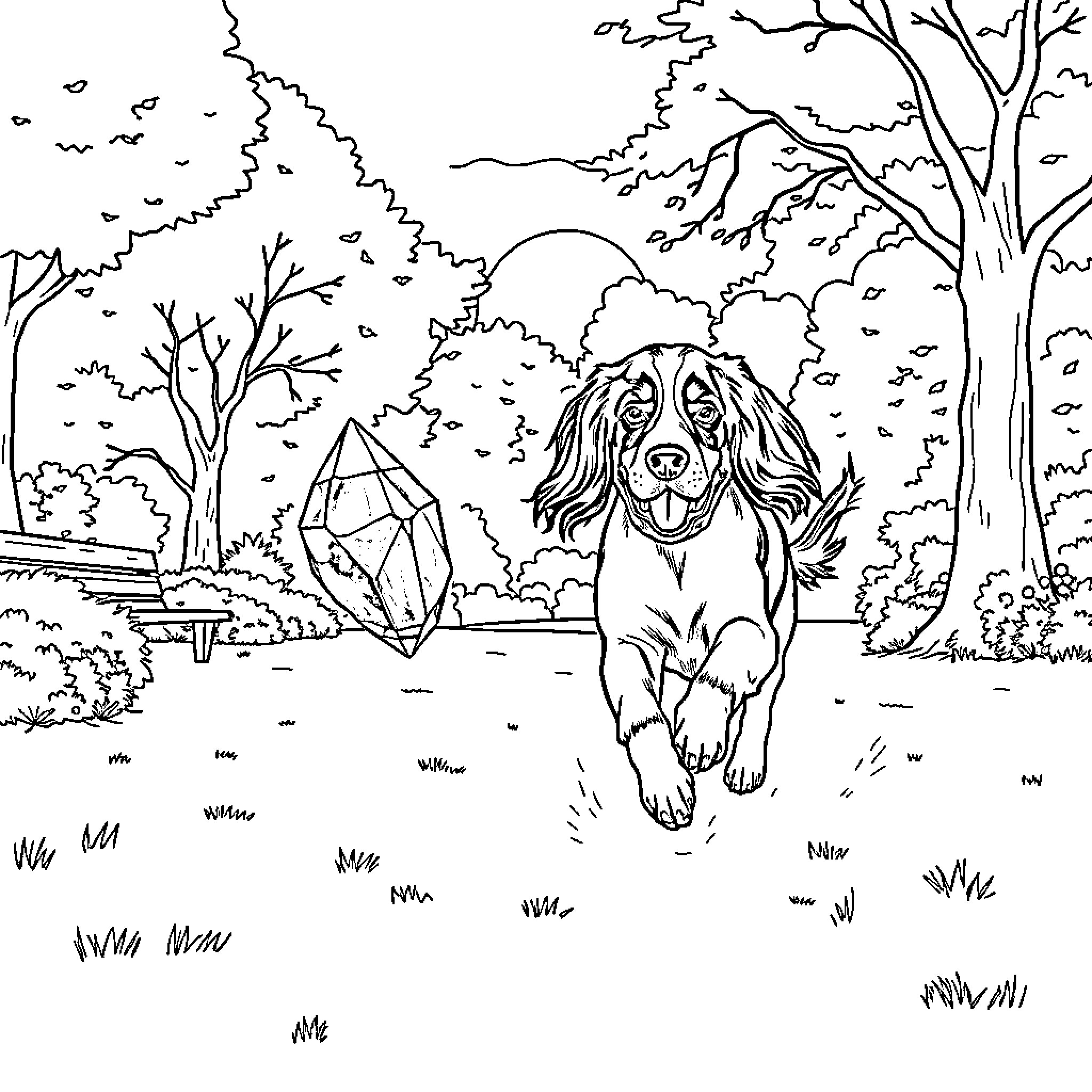Dog exploring enchanting forest scene Coloring Page (free black-and-white line drawing printable PDF for all, from beginners to advanced learners, including children, teens, adults, and seniors)
