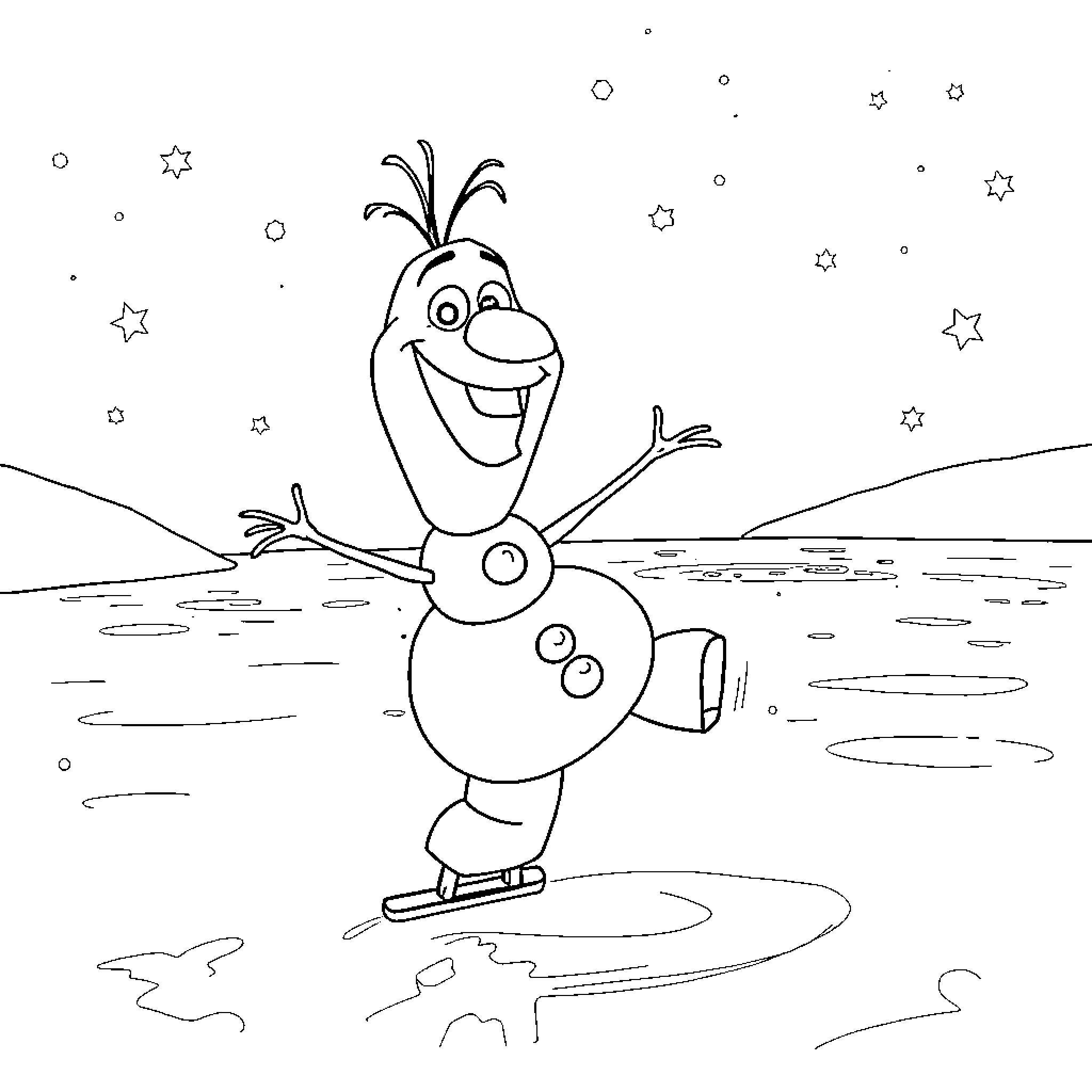 Olaf ice skating happily under the stars Coloring Page (free black-and-white line drawing printable PDF for all, from beginners to advanced learners, including children, teens, adults, and seniors)