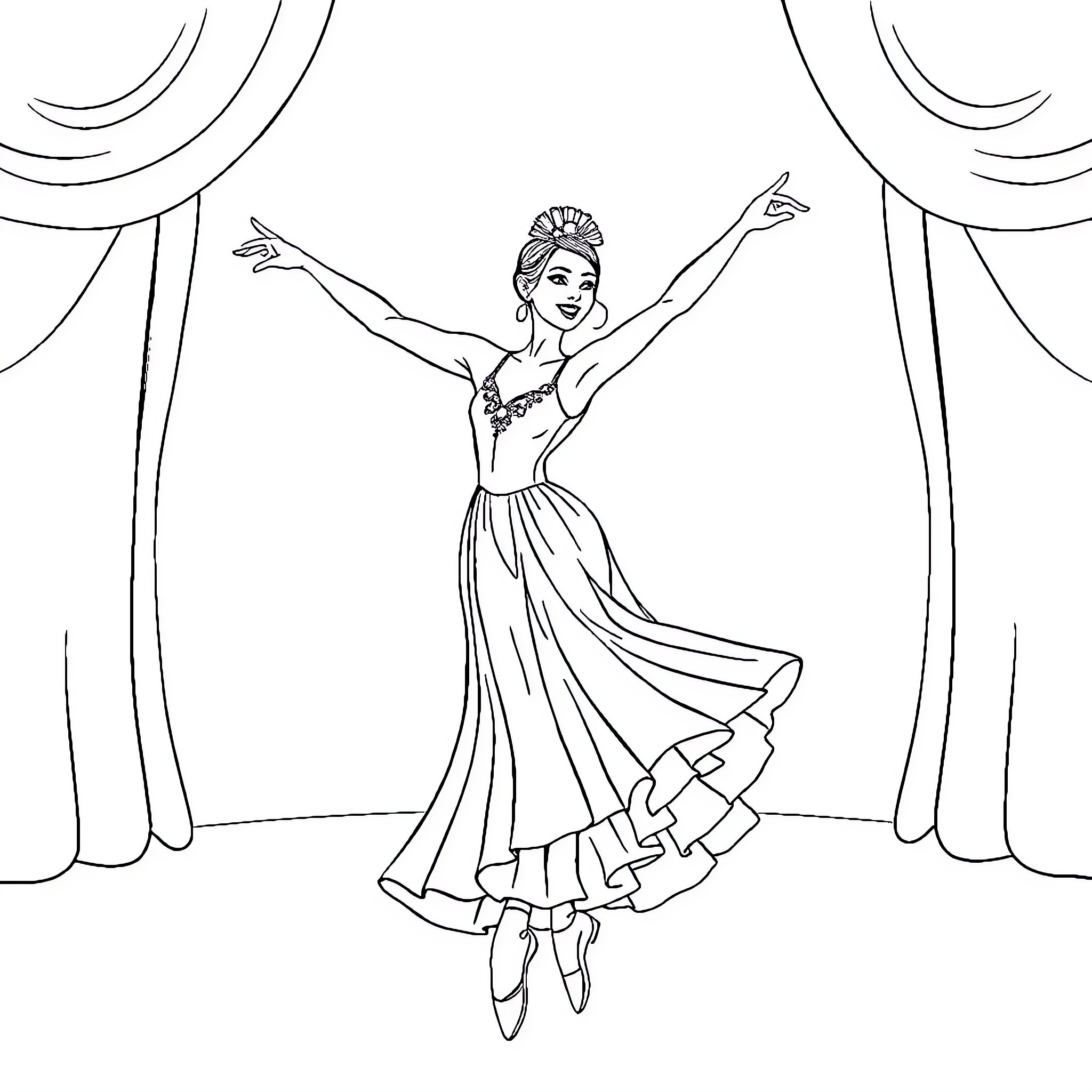 Ballerina gracefully performing on stage Coloring Page (free black-and-white line drawing printable PDF for all, from beginners to advanced learners, including children, teens, adults, and seniors)