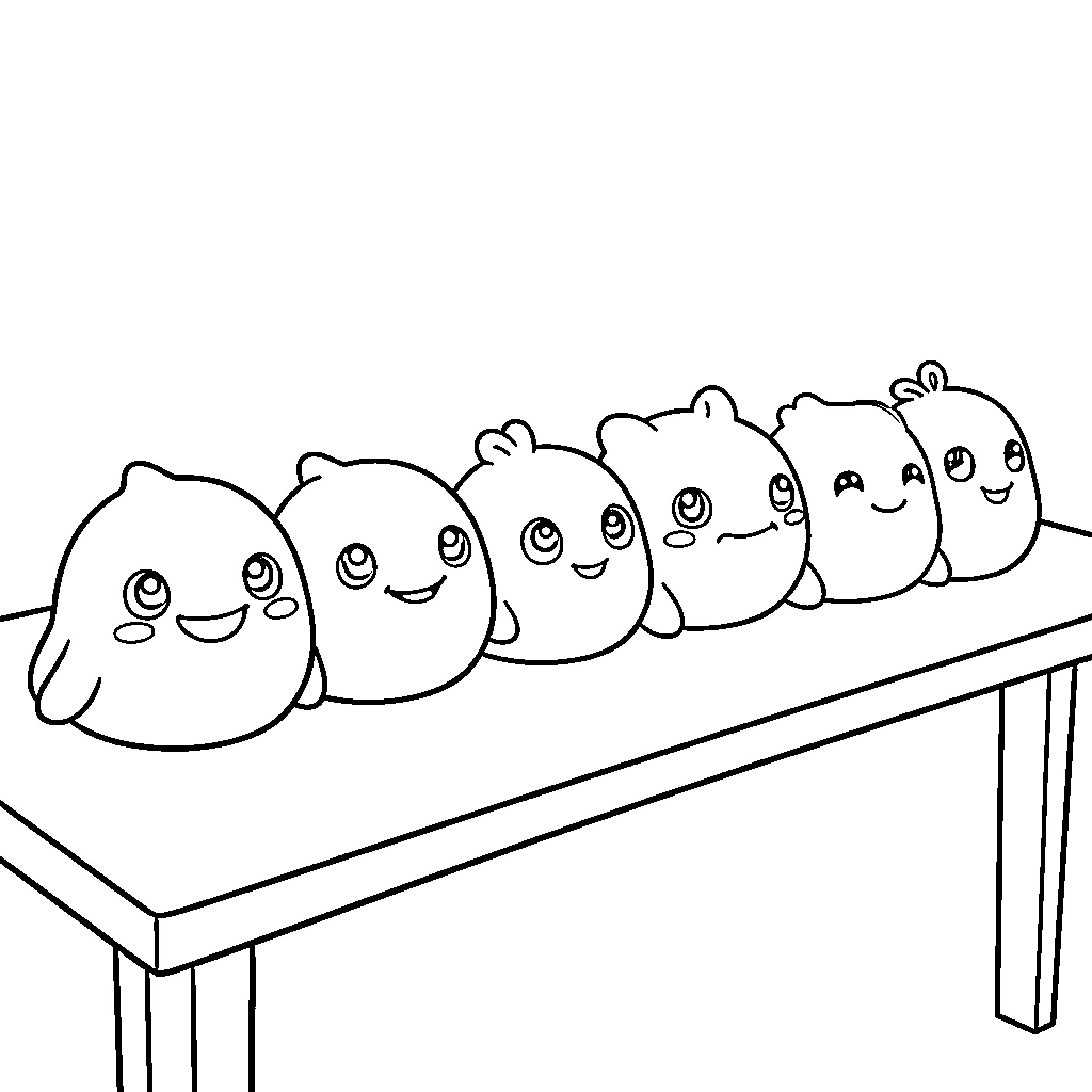 Needoh Cute Creatures on Bench Coloring Page (free black-and-white line drawing printable PDF for all, from beginners to advanced learners, including children, teens, adults, and seniors)