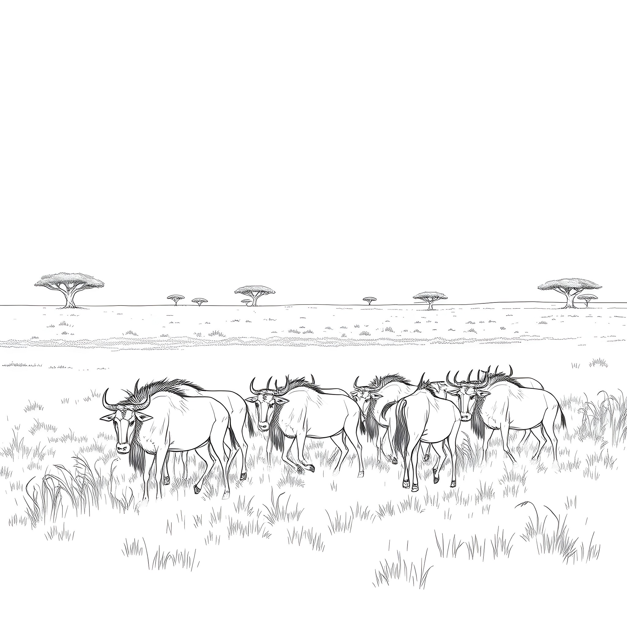 Wildebeest herd roaming the African savanna Coloring Page (free black-and-white line drawing printable PDF for all, from beginners to advanced learners, including children, teens, adults, and seniors)