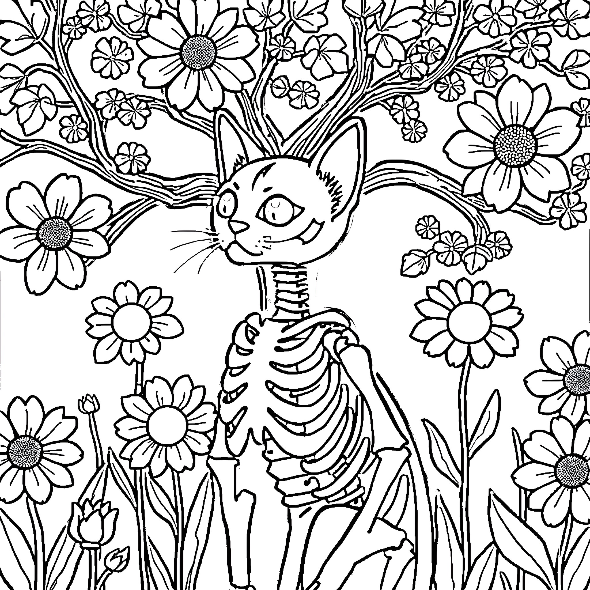 Cat skeleton surrounded by vibrant flowers Coloring Page (free black-and-white line drawing printable PDF for all, from beginners to advanced learners, including children, teens, adults, and seniors)