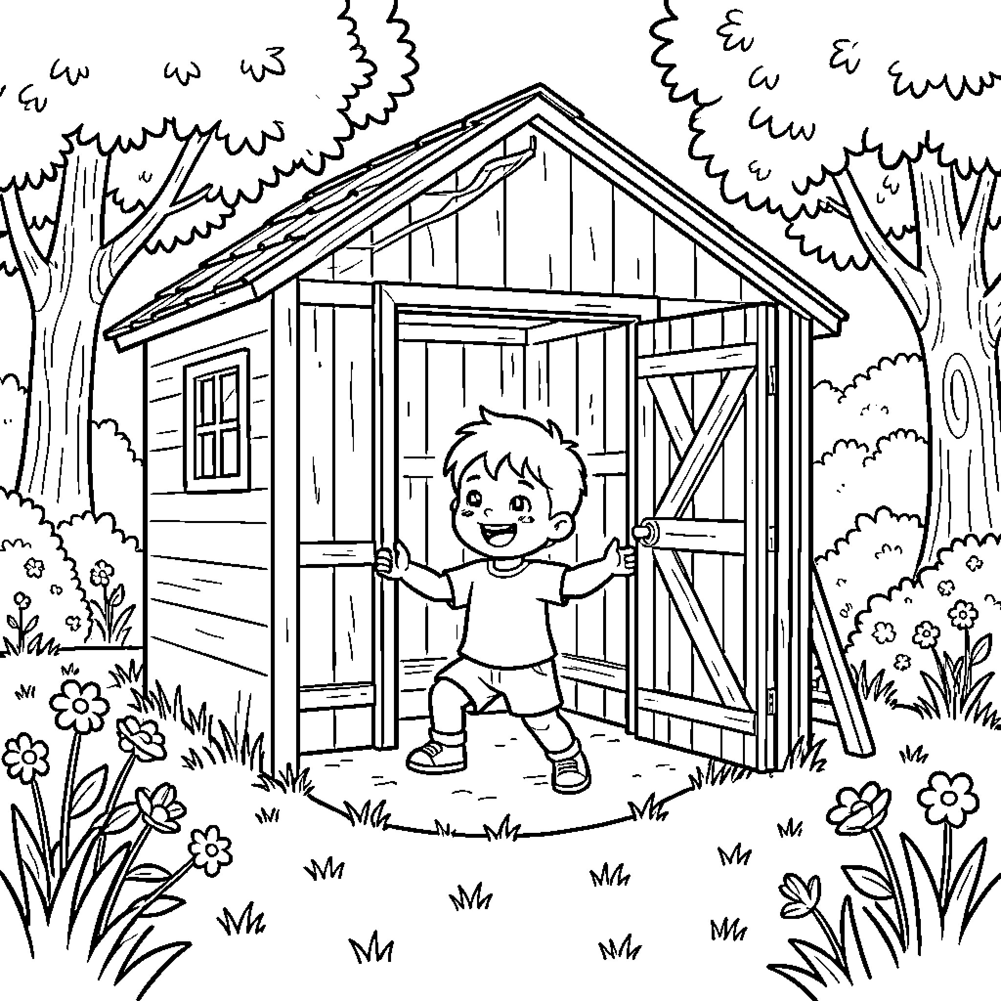 Child standing joyfully in front of a small garden shed Coloring Page (free black-and-white line drawing printable PDF for all, from beginners to advanced learners, including children, teens, adults, and seniors)