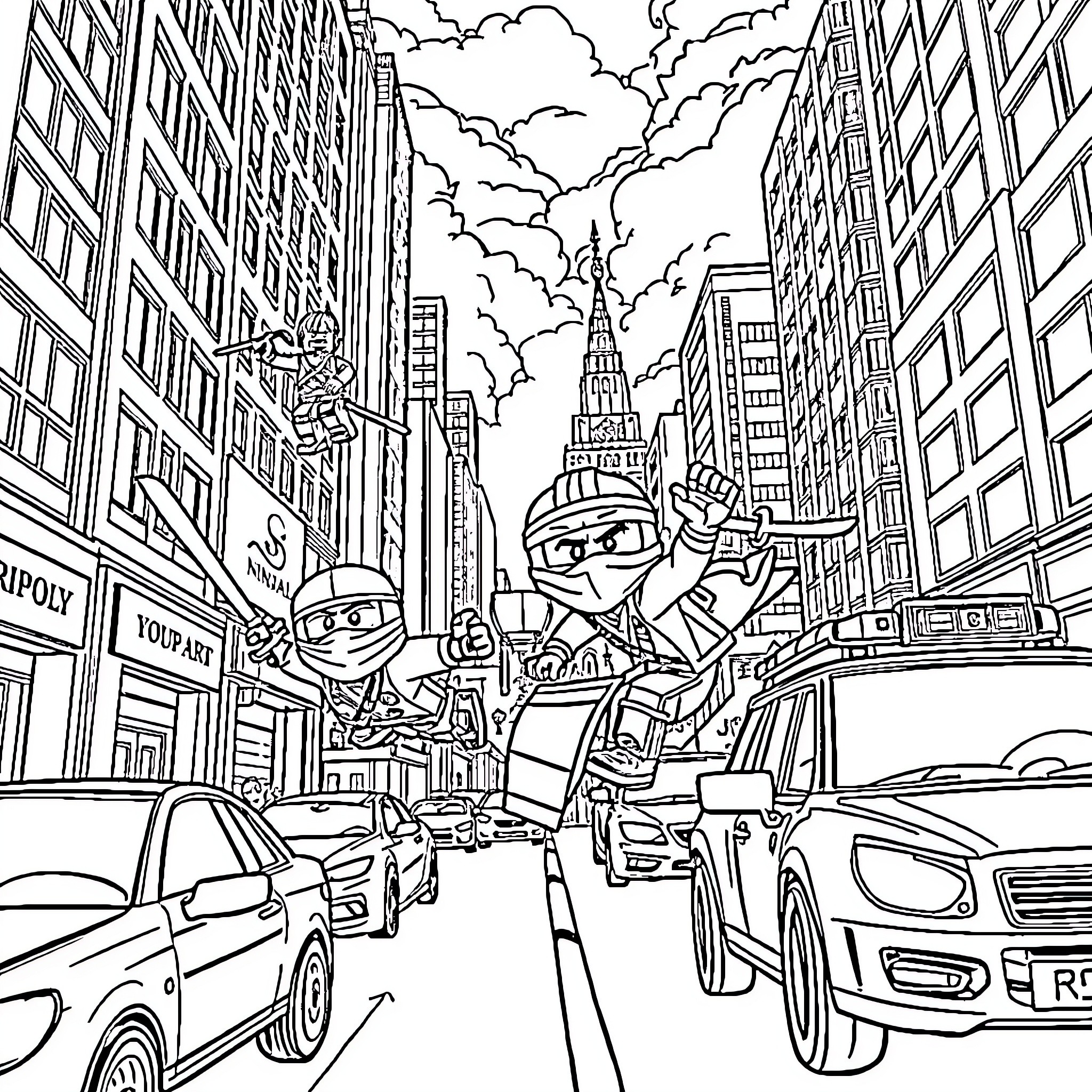 Ninjago Warriors Battling in the City Streets Coloring Page (free black-and-white line drawing printable PDF for all, from beginners to advanced learners, including children, teens, adults, and seniors)