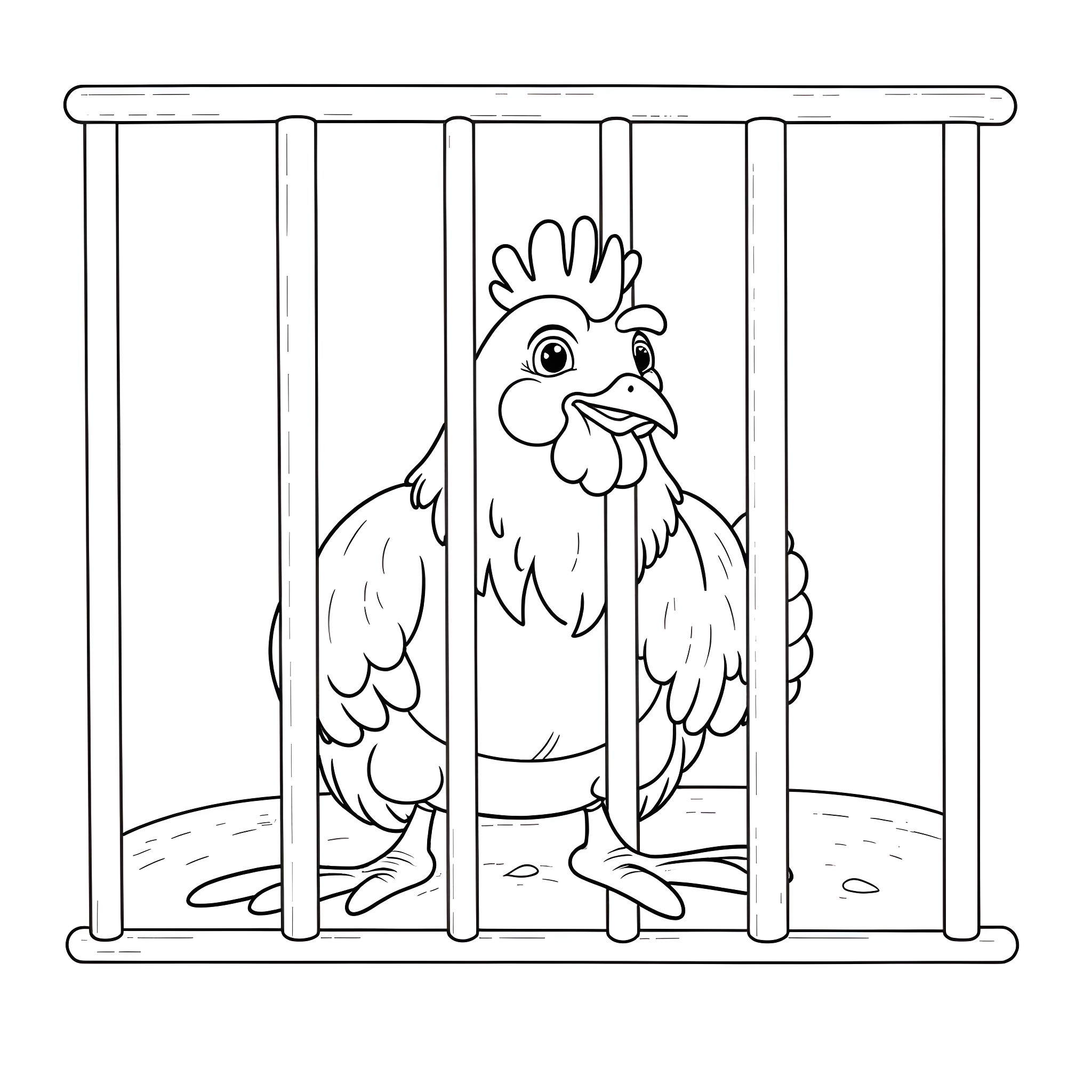 Chicken trapped in cage Coloring Page (free black-and-white line drawing printable PDF for all, from beginners to advanced learners, including children, teens, adults, and seniors)