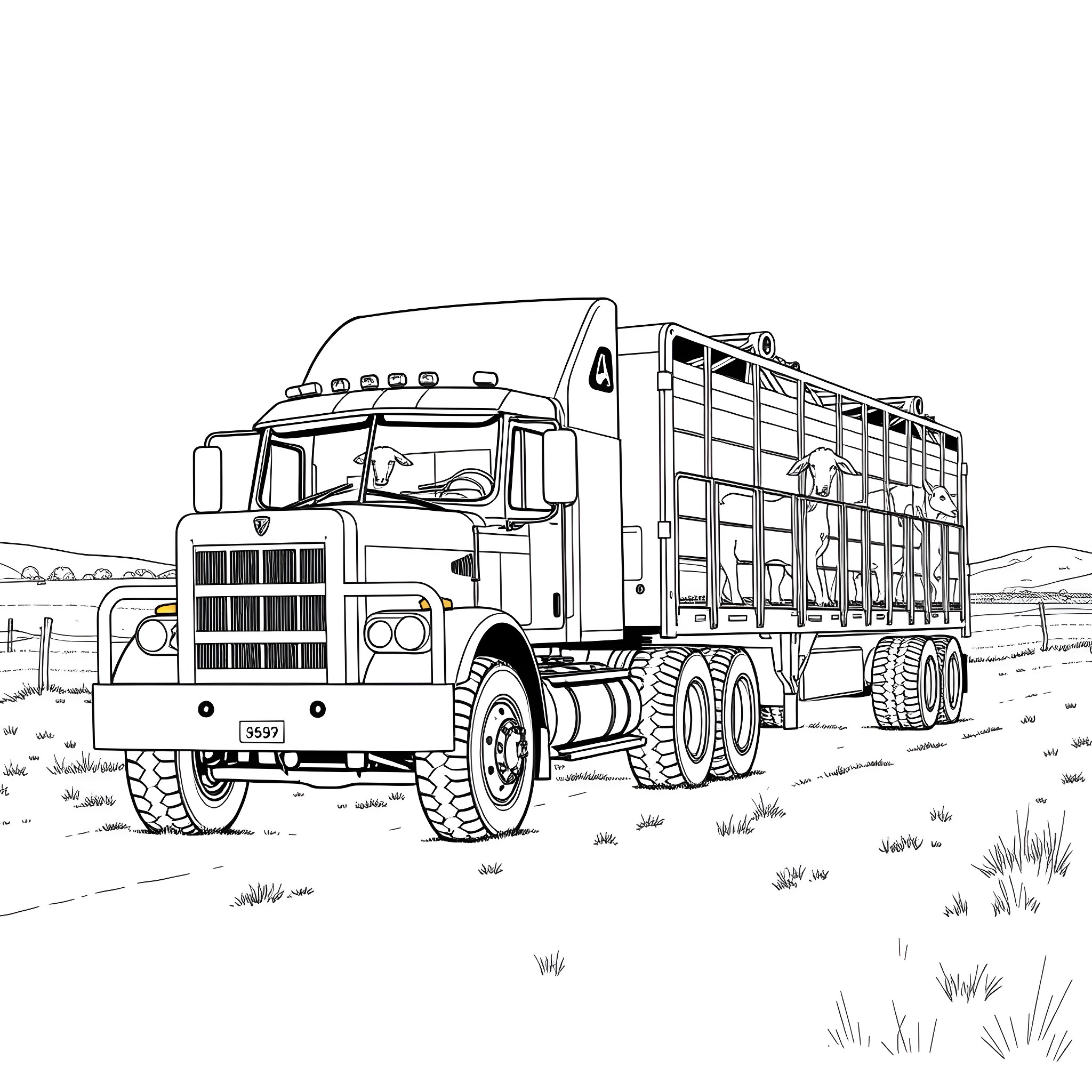 Truck carrying cargo across rural landscape Coloring Page (free black-and-white line drawing printable PDF for all, from beginners to advanced learners, including children, teens, adults, and seniors)