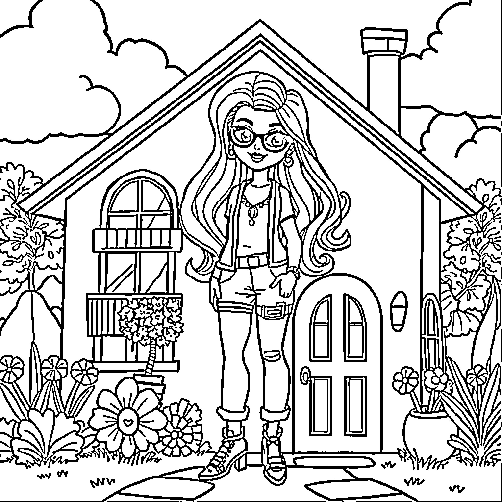 Barbi's Garden House Adventure Coloring Page (free black-and-white line drawing printable PDF for all, from beginners to advanced learners, including children, teens, adults, and seniors)