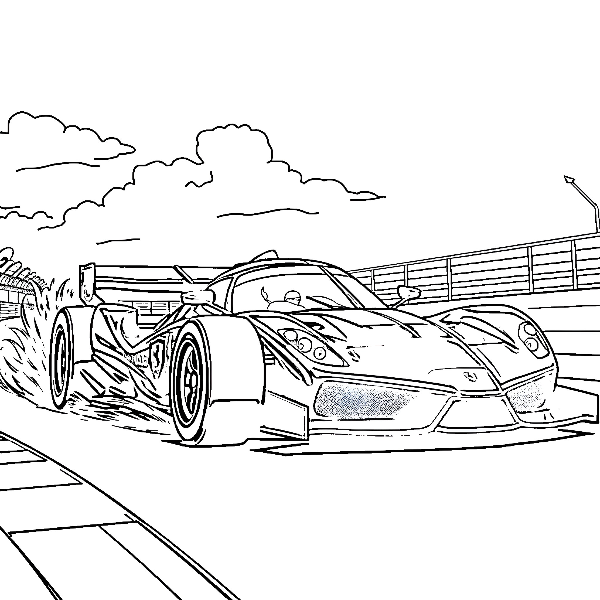 Ferrari F1 car racing on circuit Coloring Page (free black-and-white line drawing printable PDF for all, from beginners to advanced learners, including children, teens, adults, and seniors)