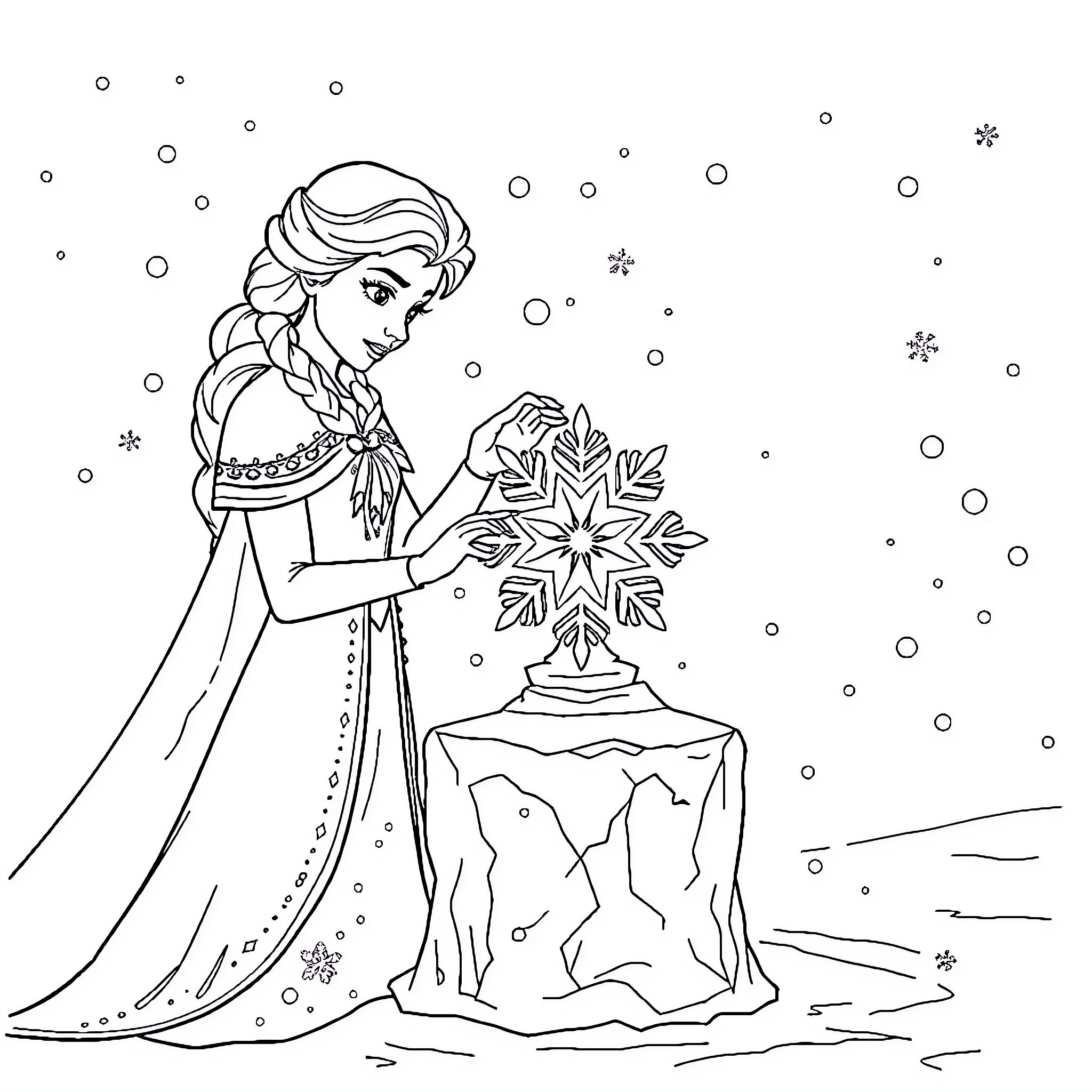 Elsa creating a magical snowflake in the winter wonderland Coloring Page (free black-and-white line drawing printable PDF for all, from beginners to advanced learners, including children, teens, adults, and seniors)