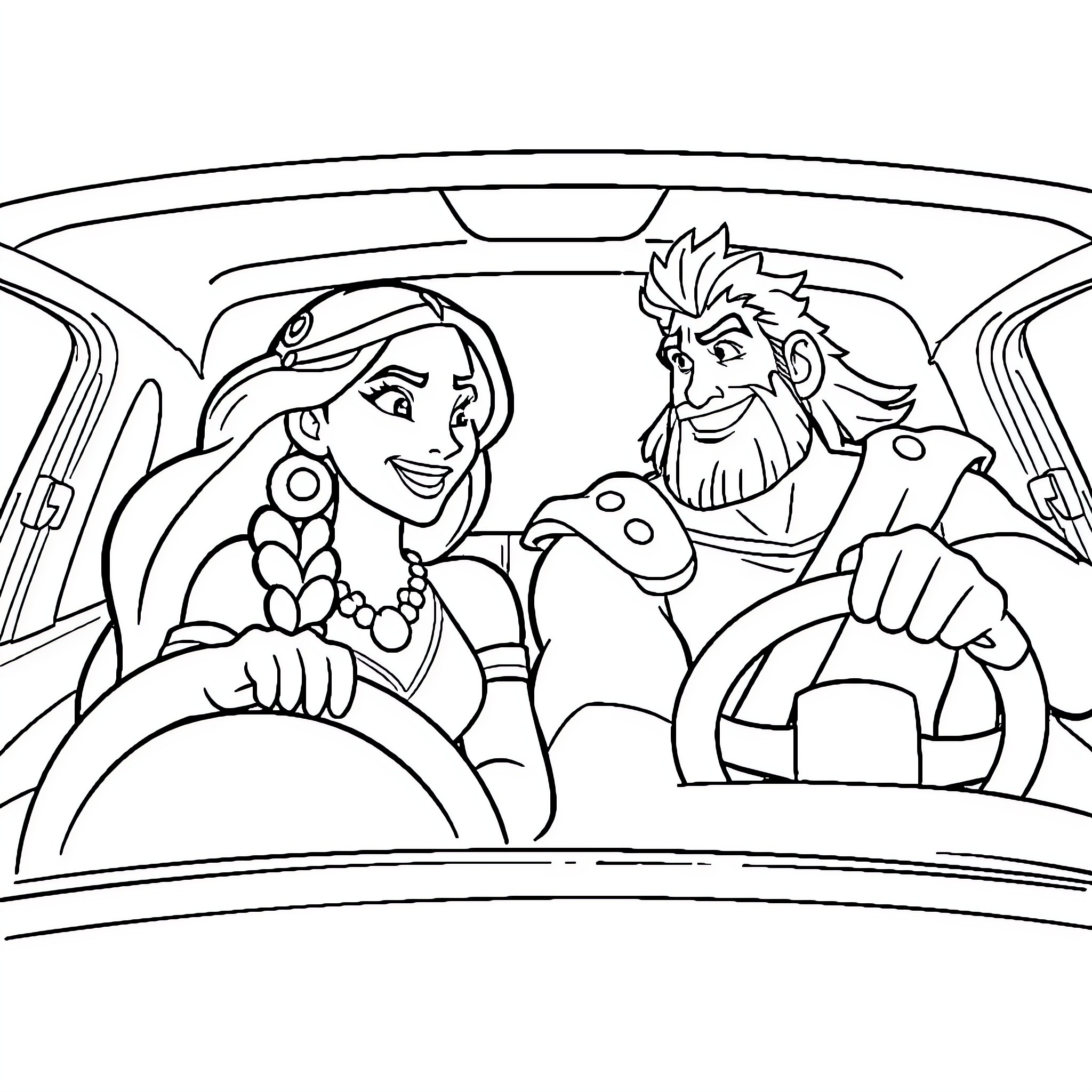 Pocahontas and companion driving in a car Coloring Page (free black-and-white line drawing printable PDF for all, from beginners to advanced learners, including children, teens, adults, and seniors)