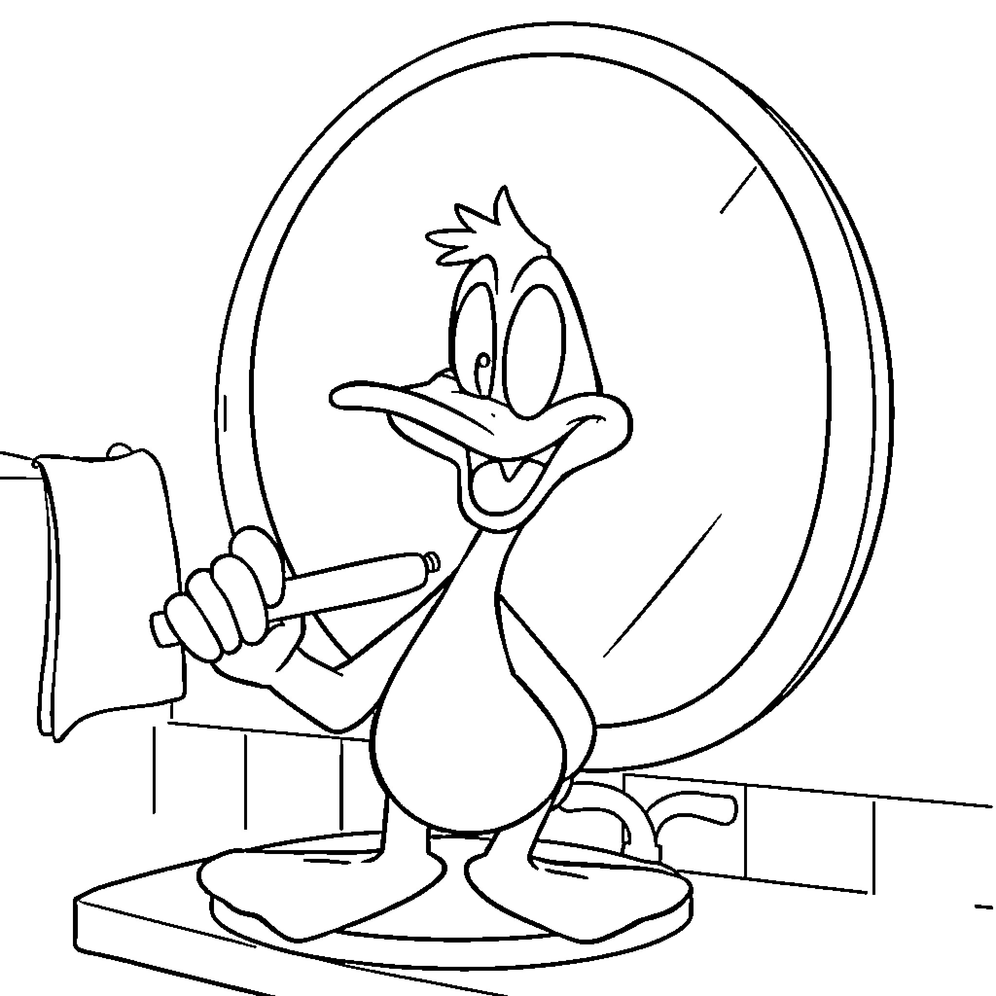 Daffy Duck peering through a mirror Coloring Page (free black-and-white line drawing printable PDF for all, from beginners to advanced learners, including children, teens, adults, and seniors)