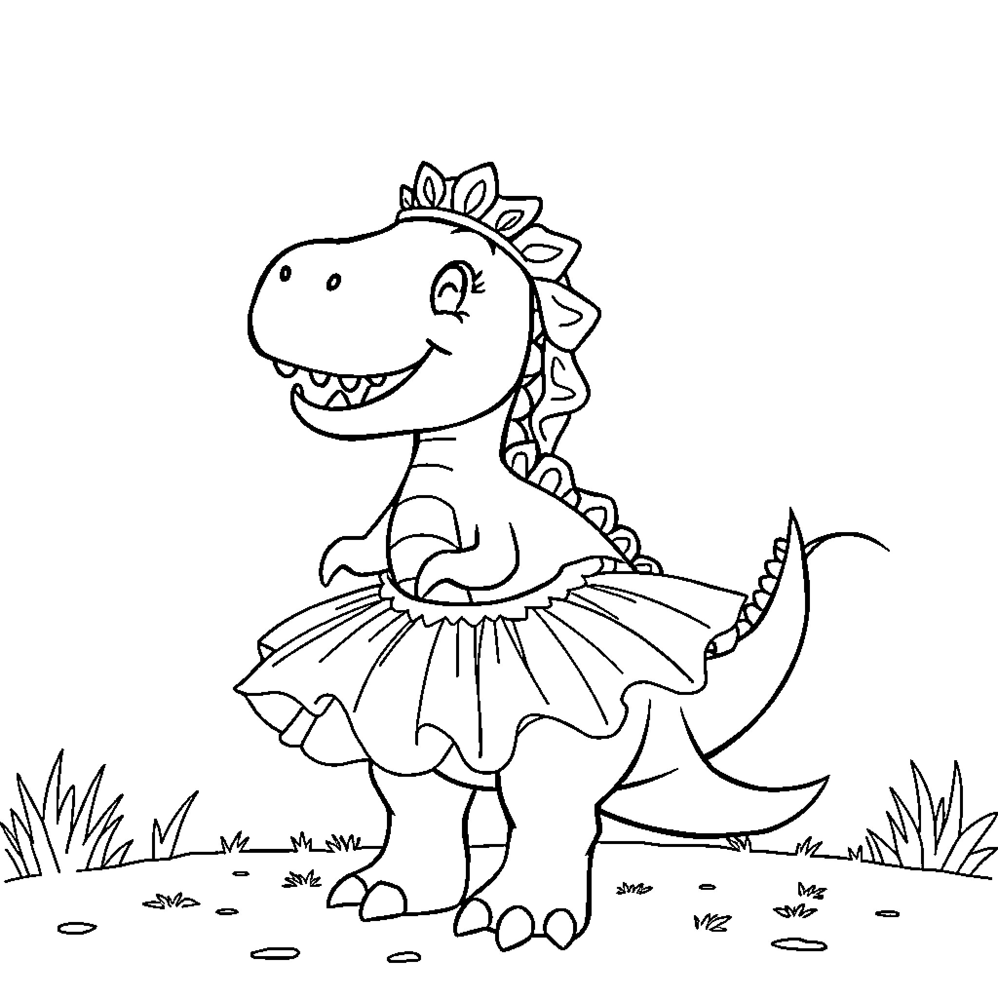 Dinosaur ballerina dancing gracefully Coloring Page (free black-and-white line drawing printable PDF for all, from beginners to advanced learners, including children, teens, adults, and seniors)