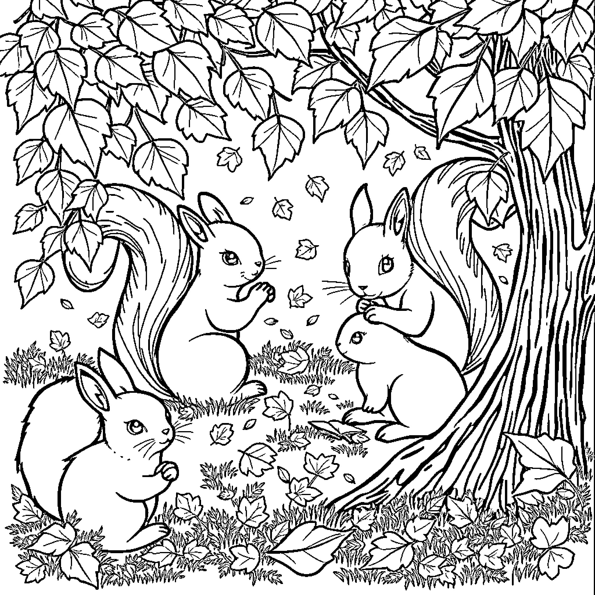 Leaf-covered forest scene with playful squirrels Coloring Page (free black-and-white line drawing printable PDF for all, from beginners to advanced learners, including children, teens, adults, and seniors)