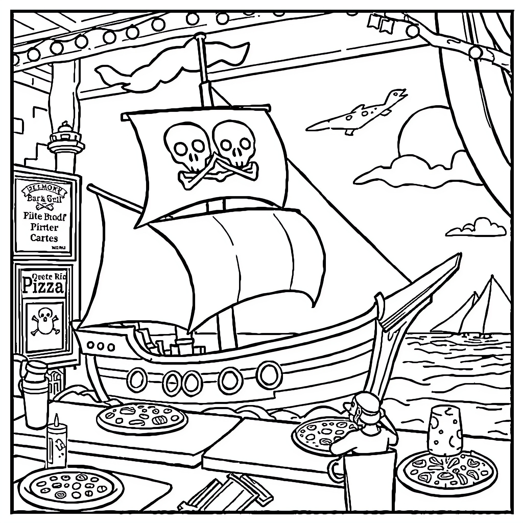 Pirate Ship With Skull Flag and Pizzas Coloring Page (free black-and-white line drawing printable PDF for all, from beginners to advanced learners, including children, teens, adults, and seniors)