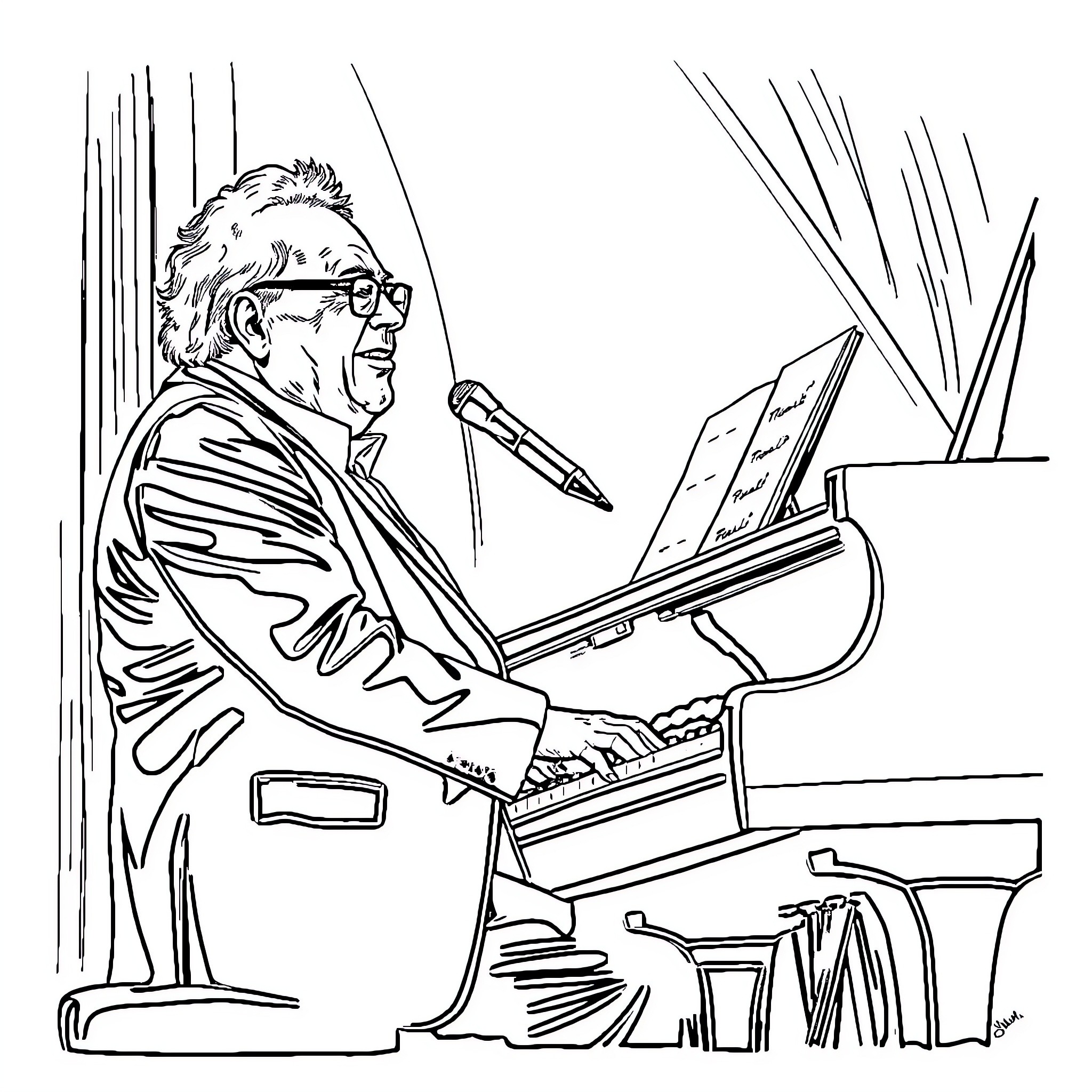 Michel Petrucciani performing energetically at the piano Coloring Page (free black-and-white line drawing printable PDF for all, from beginners to advanced learners, including children, teens, adults, and seniors)
