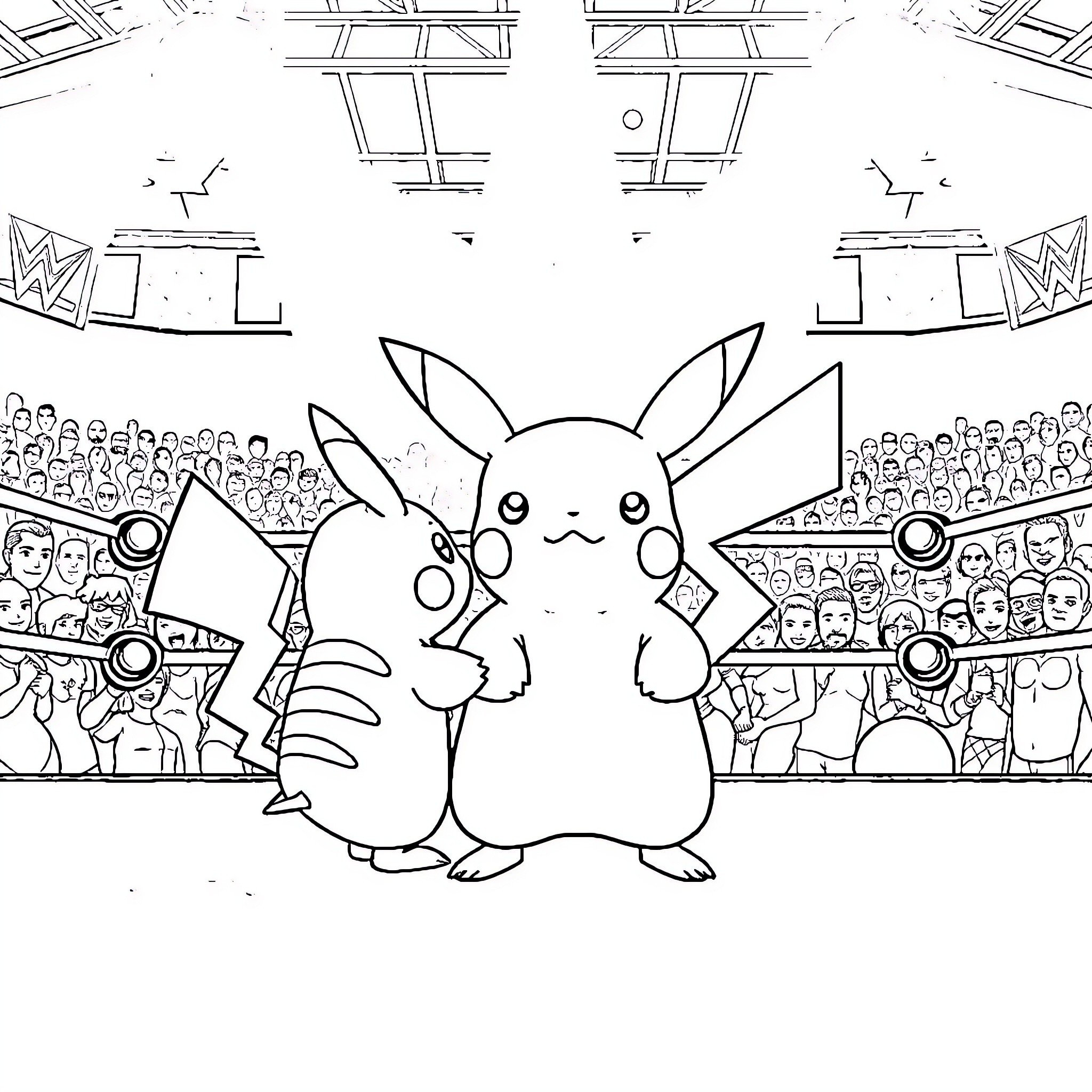 Pikachu performing on a stage in front of a crowd Coloring Page (free black-and-white line drawing printable PDF for all, from beginners to advanced learners, including children, teens, adults, and seniors)