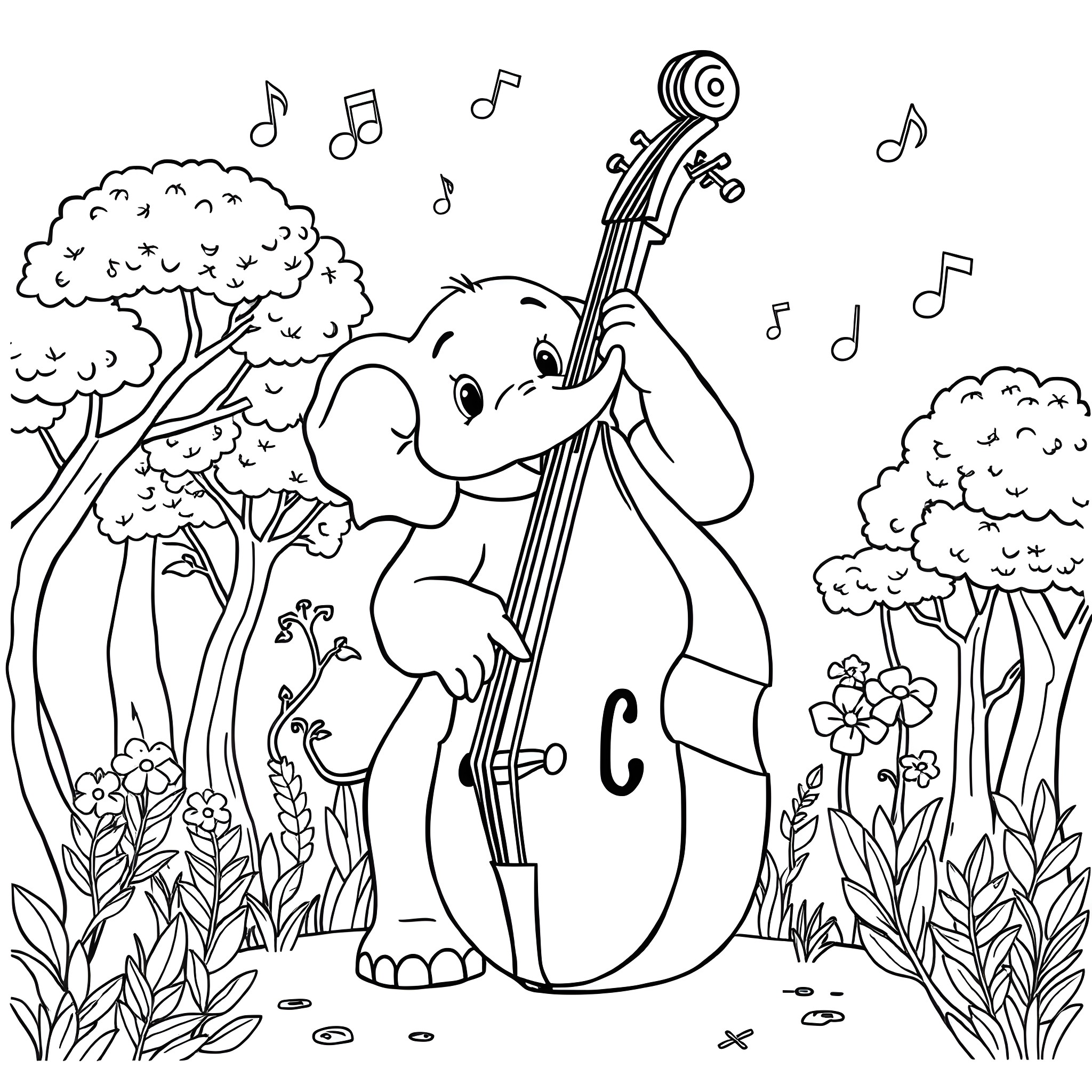 Elephant playing musical instrument in nature Coloring Page (free black-and-white line drawing printable PDF for all, from beginners to advanced learners, including children, teens, adults, and seniors)