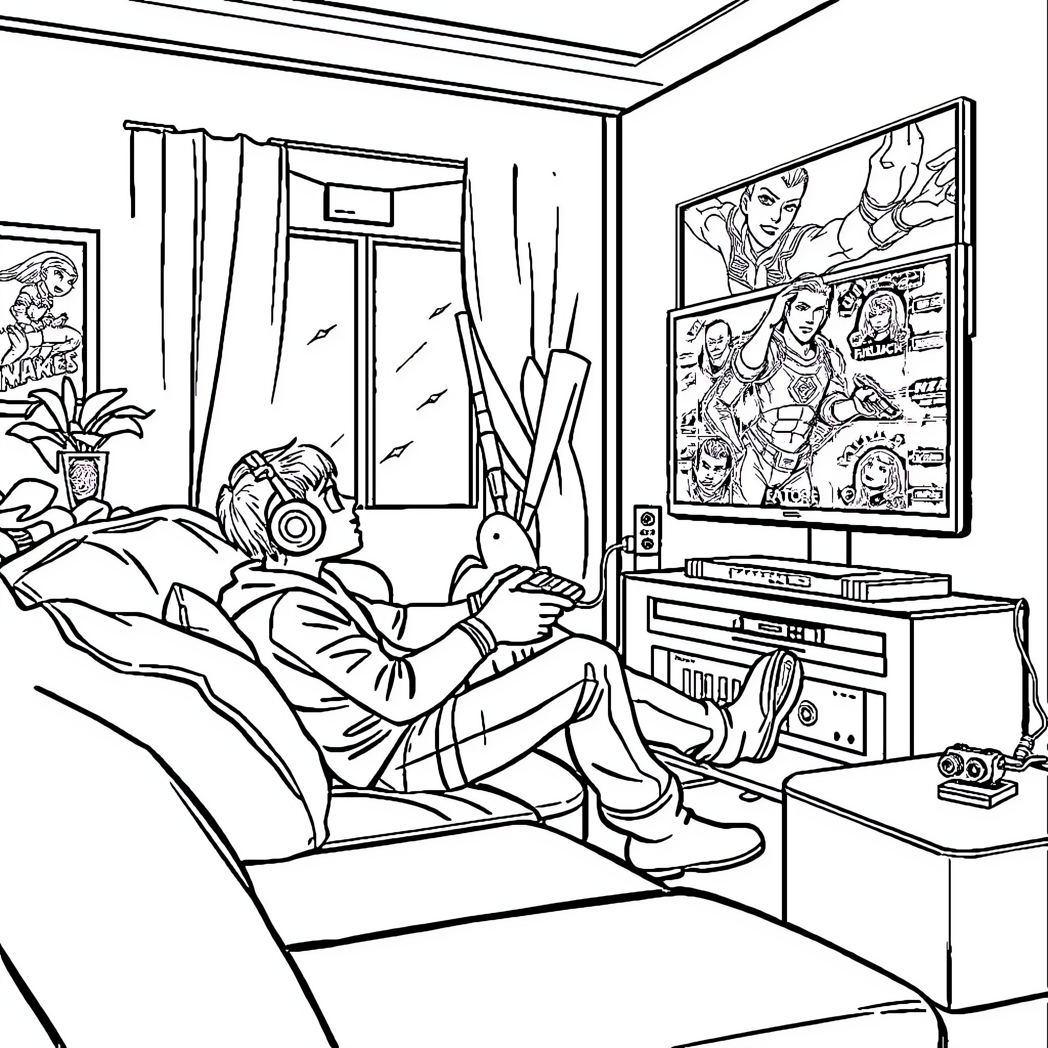 Tralalero Playing Video Games at Home Coloring Page (free black-and-white line drawing printable PDF for all, from beginners to advanced learners, including children, teens, adults, and seniors)