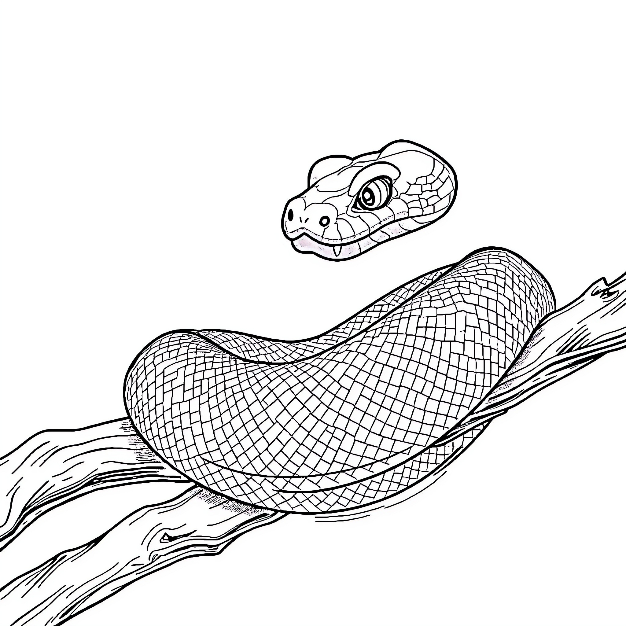 King Snake Slithering Gracefully through Branches Coloring Page (free black-and-white line drawing printable PDF for all, from beginners to advanced learners, including children, teens, adults, and seniors)